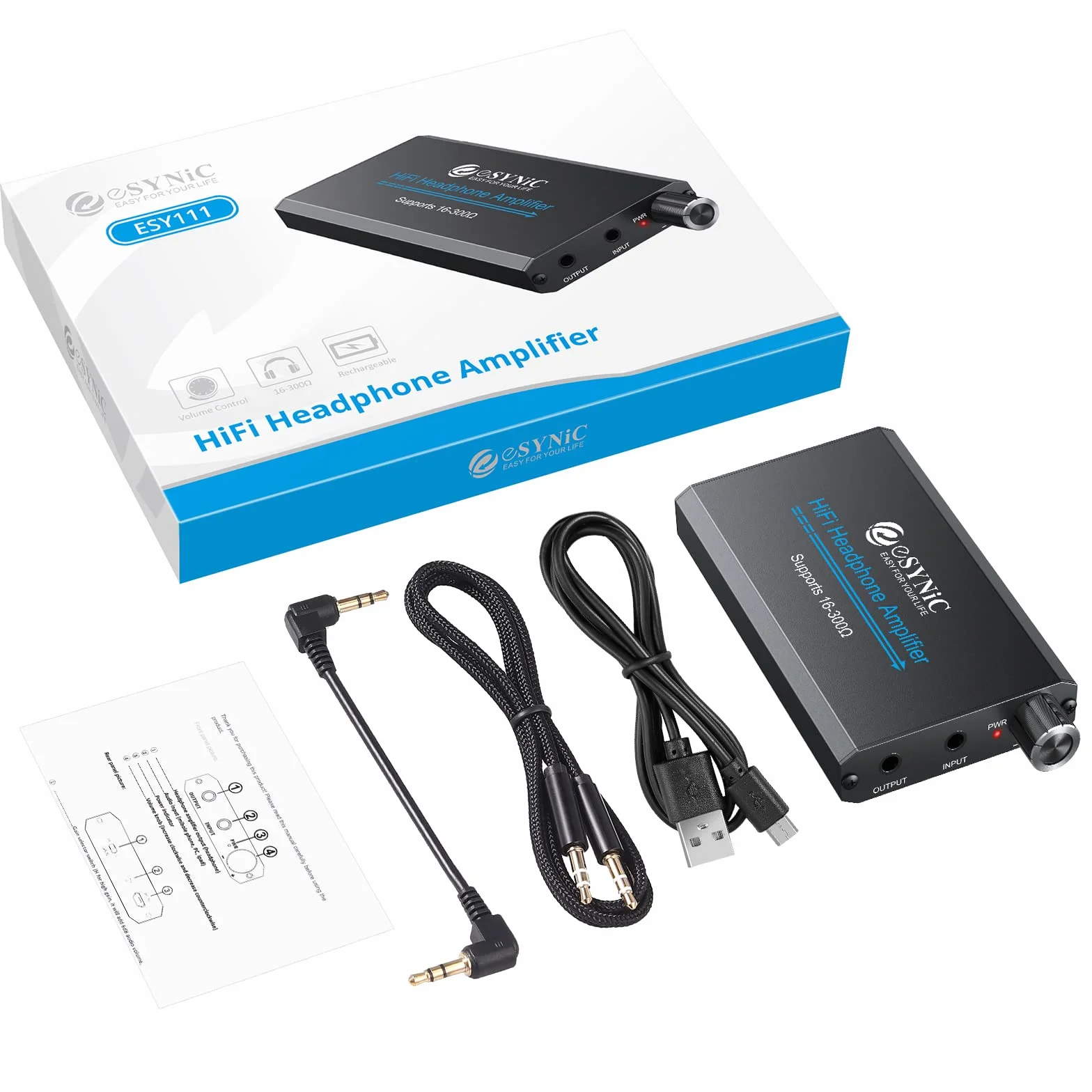 eSynic Ampli Casque Amplificateur Audio Professionnel Amplificateur Portable（Épaisseur 1,8 cm）Interface Stéréo 3,5 mm pour Lecteur MP3 Smartphone Ordinateur Portable avec câble d'alimentation USB-Noir