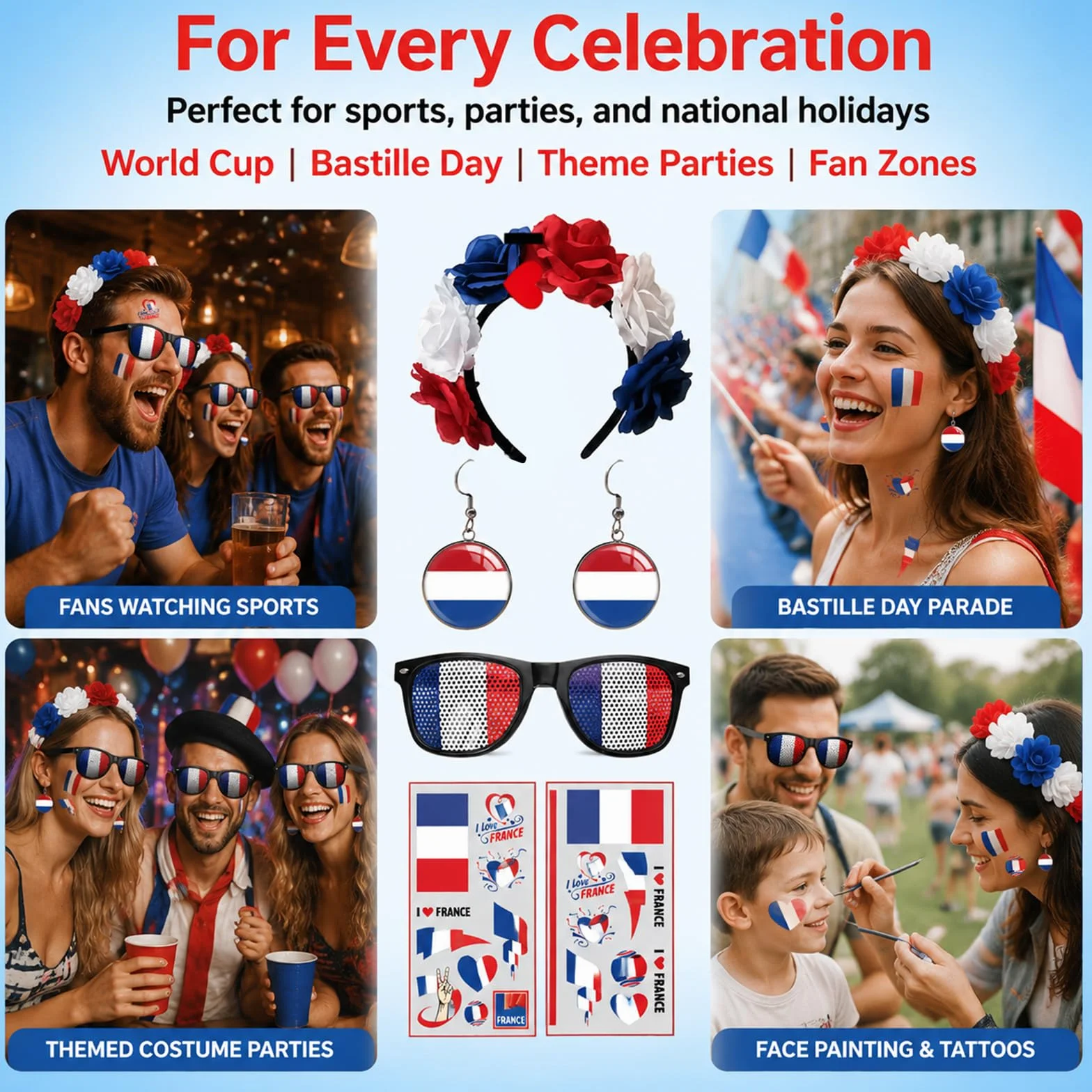 Set d'articles pour supporters français femmes Bleu-Blanc-Rouge - Serre-tête, boucles d'oreilles, lunettes de soleil & tatouages