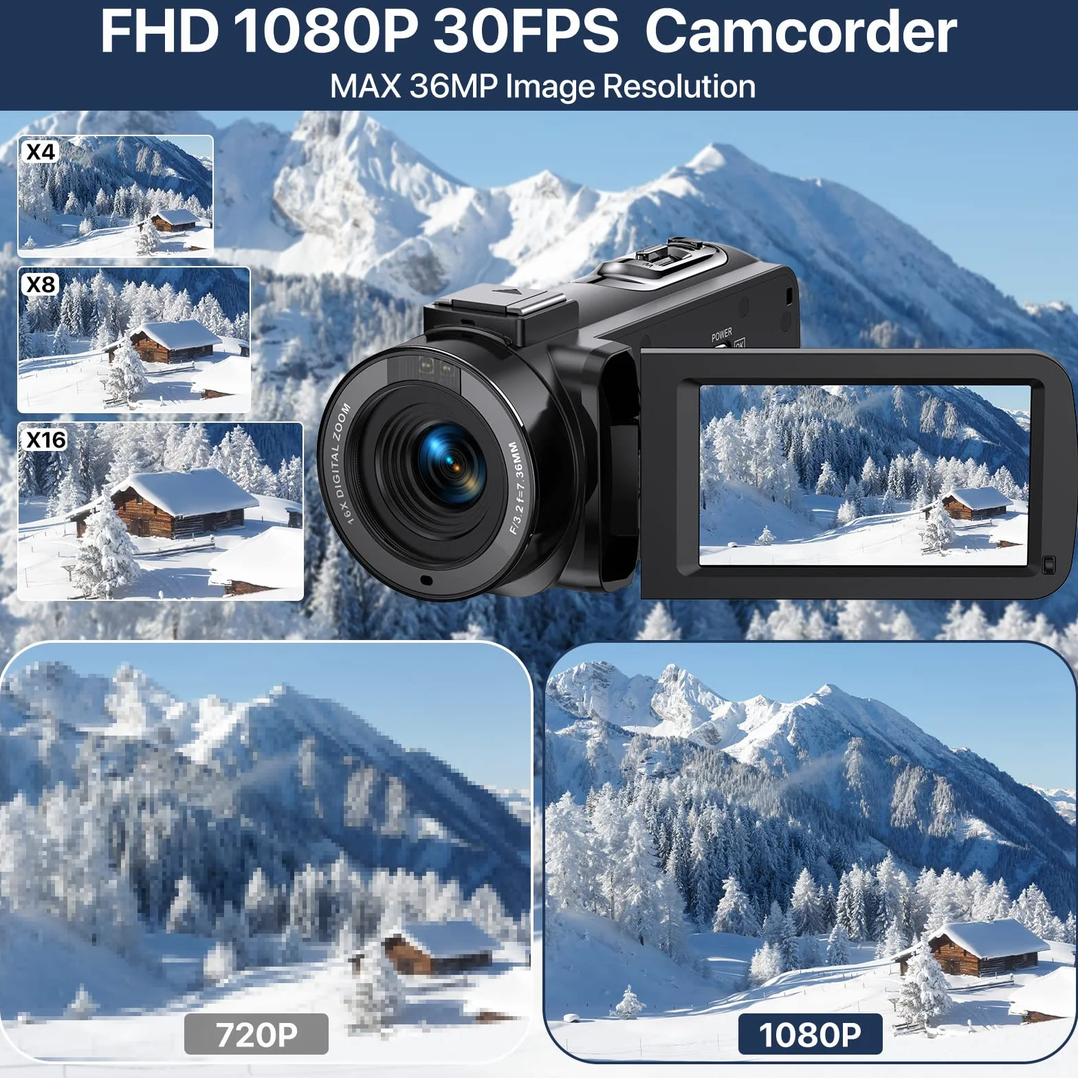 VAHOIALD Caméscope 3.0'' Vidéo FHD 1080P 36MP 30FPS Youtube Vlogging Caméra pour Nuit IR Zoom Numérique 16X 270° IPS écran Rotatif Enregistreur Numérique avec Télécommande et 2 Piles