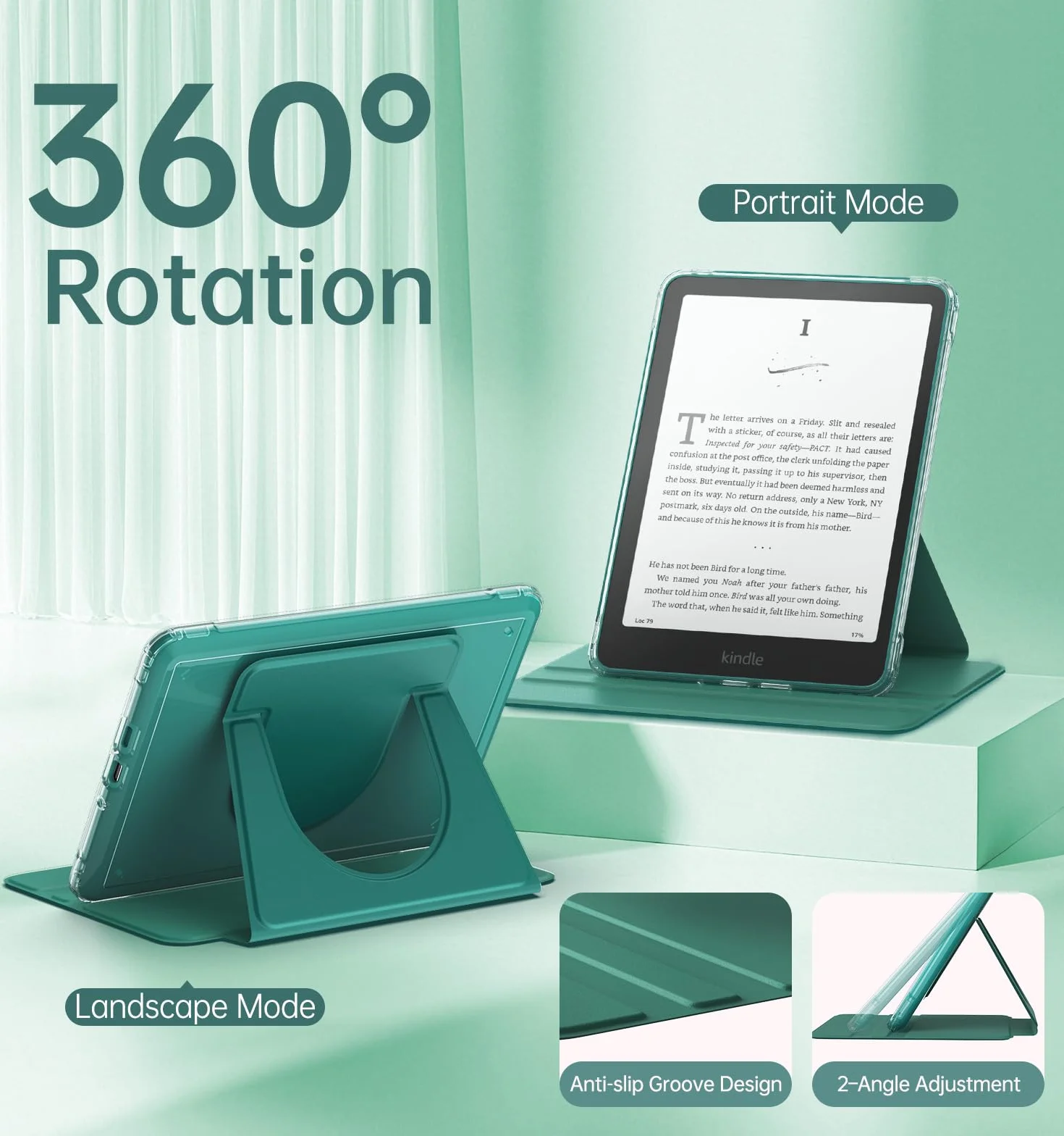 MoKo Coque Pivotante à 360° pour 7" Kindle Paperwhite 12e Gén 2024&Kindle Colorsoft 2024/2025, Étui Protection à Dos Clair Magnétique Détachable avec Support Réglable et Auto Réveil/Sommeil, Vert Jade
