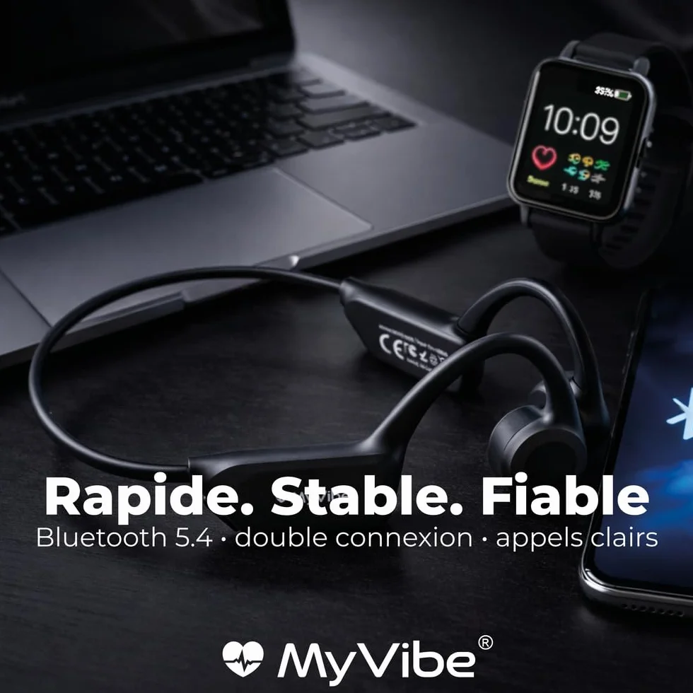 MYVIBE is Good Casque Conduction Osseuse Bluetooth 5.4 – Écouteur Conduction Osseuse Oreilles Ouvertes avec Micro, IPX5 Étanche – Ultra Léger 30g – Course à Pied, Cyclisme hors route, Randonnée, Sport