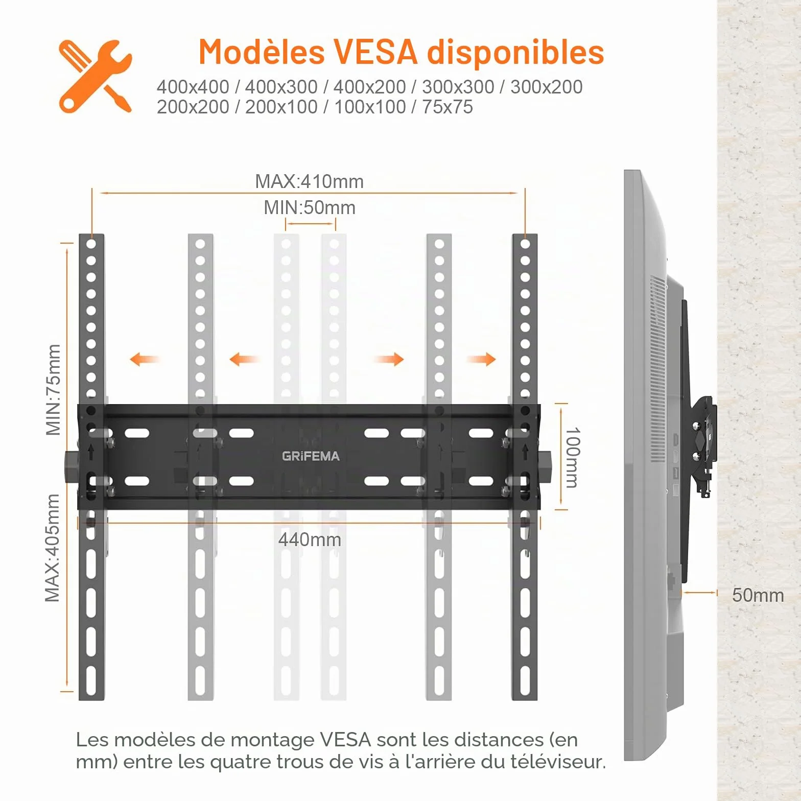 GRIFEMA Support Mural TV 26-65 Pouces - Fixation Murale TV Peut Contenir Jusqu'à 50KG, Accroche Television Mural Inclinable (± 15°) et Étend, Support Vesa 400x400mm Universel pour TV Plat / Incurvé