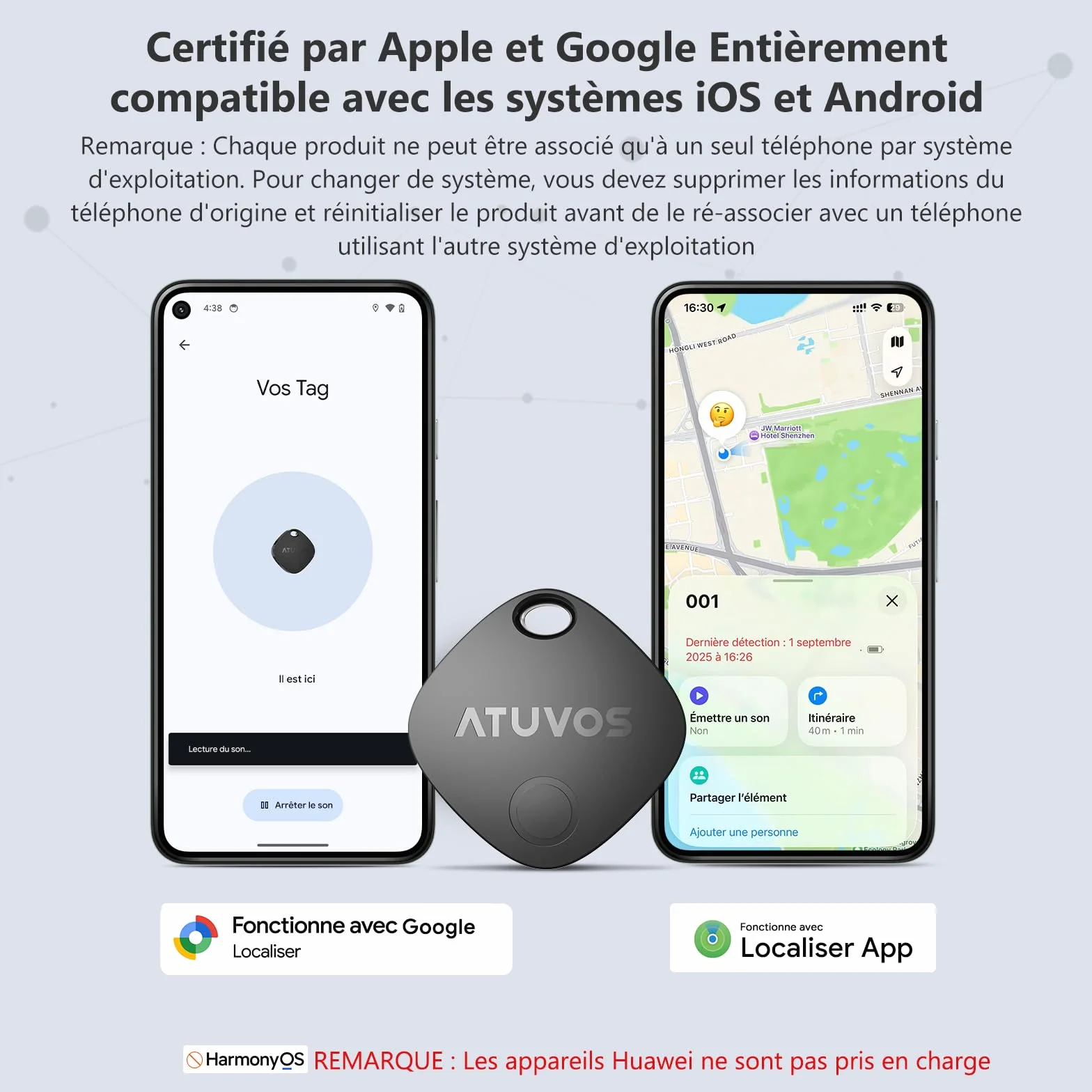 ATUVOS Android Air Tag Traceur Lot de 4, Smarttag Fonctionne avec l’app Google et Apple Localiser, Localisateurs Bluetooth Tracker pour Les Clés/Portefeuilles/Valises/Bagages, Batterie Remplaçable