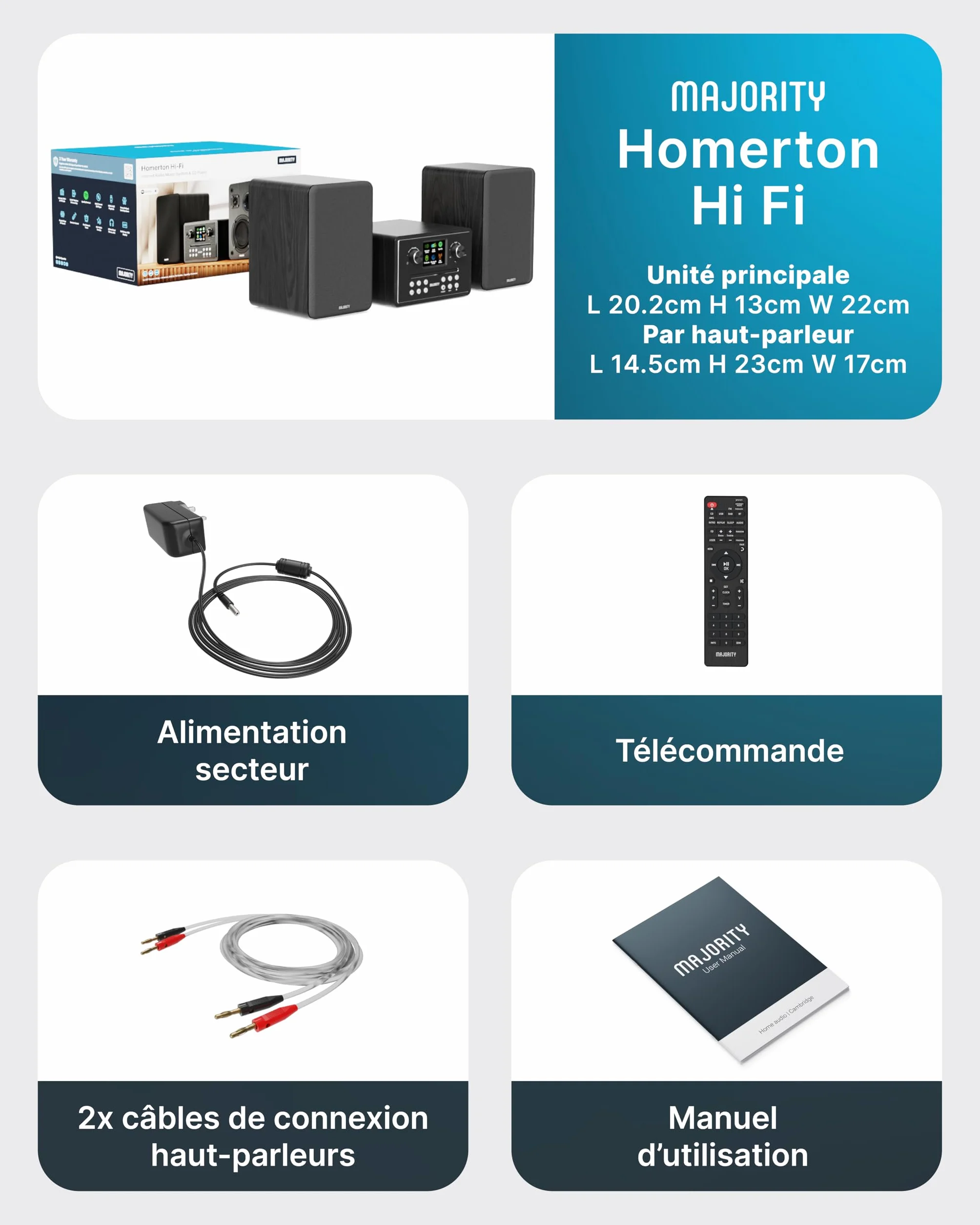MAJORITY Homerton HiFi Bluetooth 5.3 Chaine HiFi Radio Internet | Radio Dab+ et FM | Lecteur CD Spotify Connect et Podcasts | Système Stéréo avec 60W Enceintes | Télécommande & l'application OKTIV