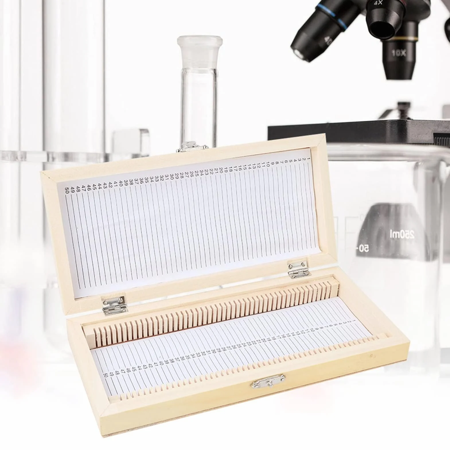 Coffret en Bois pour Lames de Microscope 50 Diapositives Boîte de Rangement 23x10,6x3,5cm