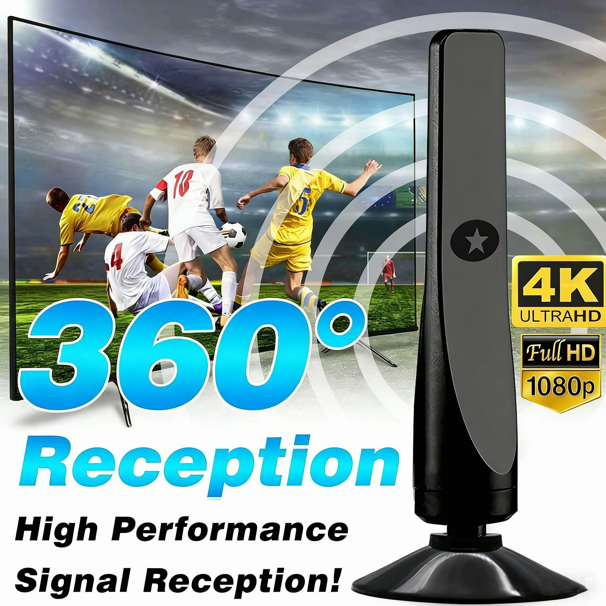 Antenne TV Intérieur Puissante, Antenne TNT HD Intérieure avec Amplificateur de Signal Intelligent, Câble Coaxial 3M, Compatible HD TV 1080P 4K VHF UHF, Réception Toutes Les Chaînes Gratuites