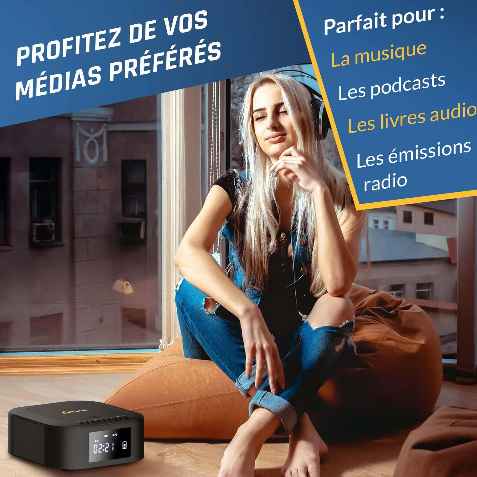 KLIM Boombox E1 - Poste Radio CD Portable - Extra Bass avec Subwoofer - Radio FM, CD, Bluetooth, USB, Bluetooth, MP3 - Mode Filaire et sans Fil avec Piles Rechargeables - Télécommande - Noir/Or