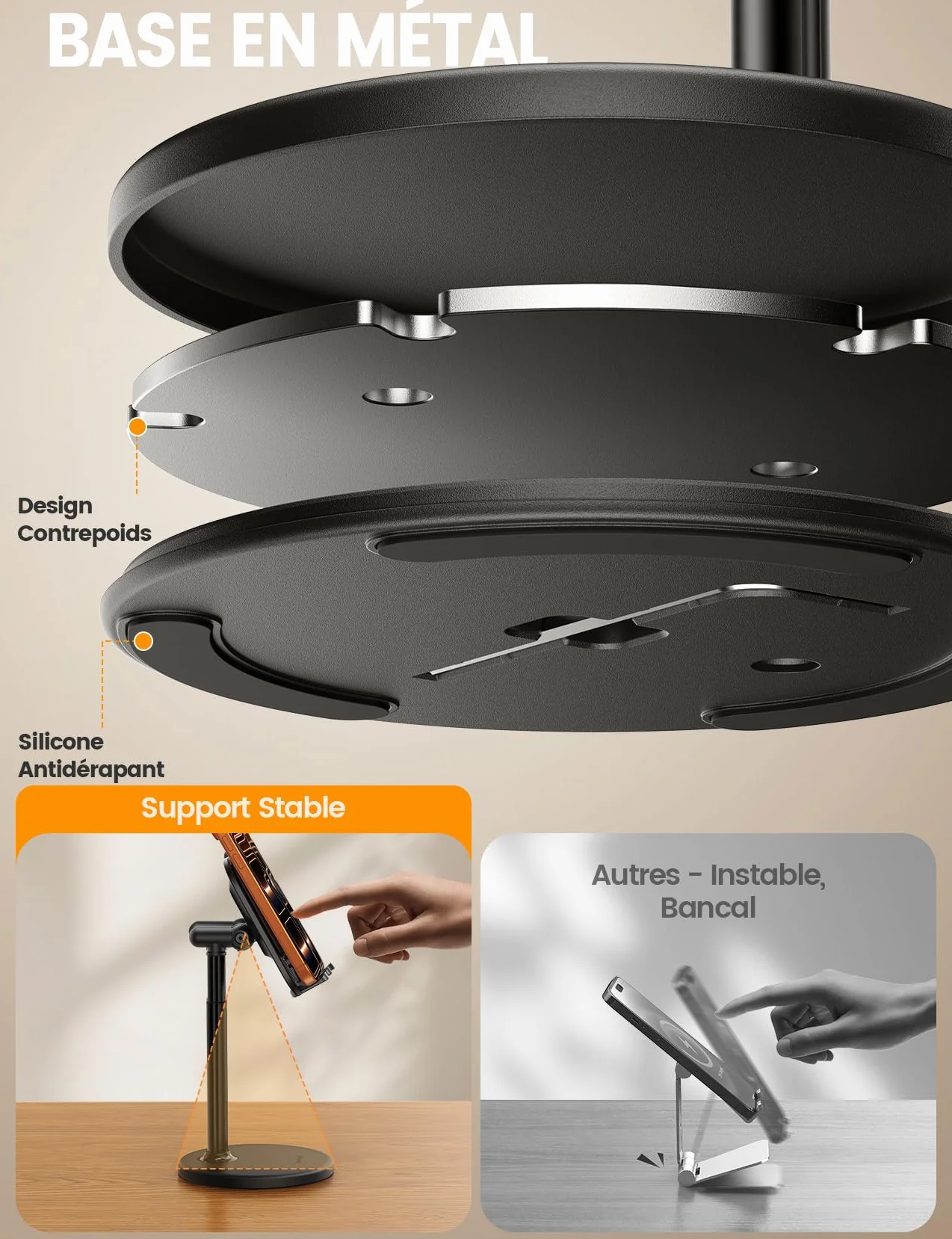 Lamicall Support Téléphone Bureau Réglable, Porte Téléphone avec Base Métallique Stable pour iPhone Android Smartphone Tablette