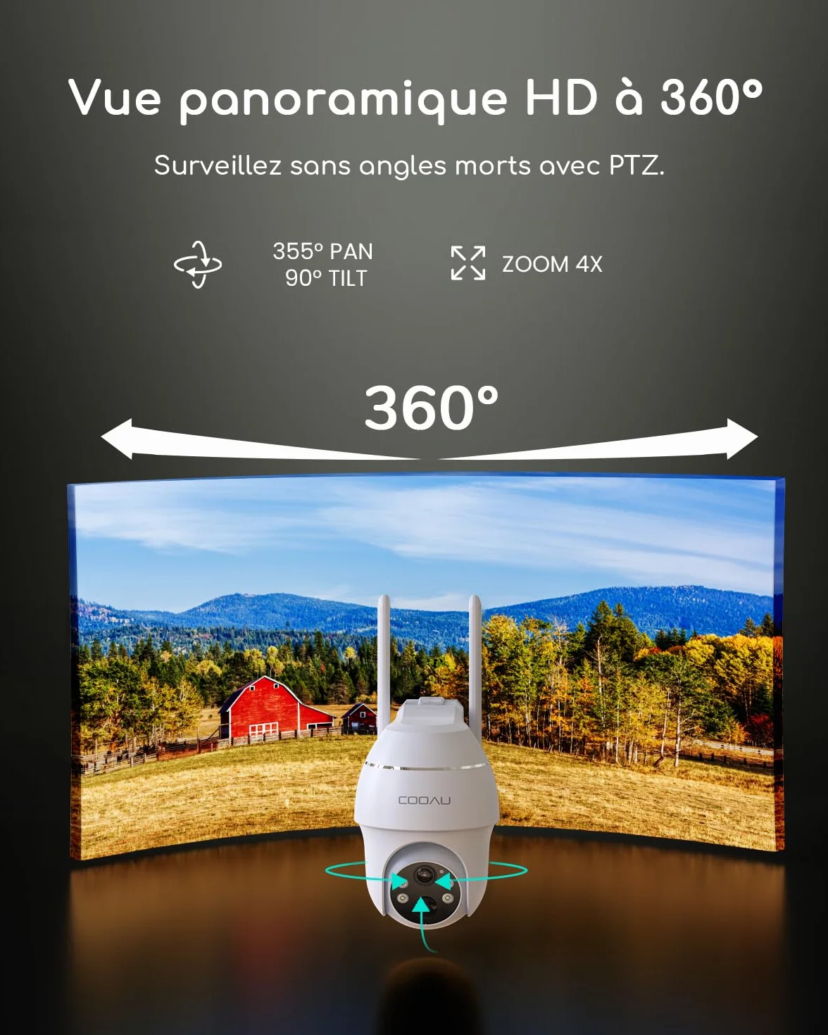 COOAU 4G LTE Camera Surveillance Extérieure sans fil - 2K 3MP Caméra Solaire sans Wi-Fi avec carte SIM | 360° PTZ | Audio bidirectionnel | Vision nocturne couleur | IP66 | Stockage local 64 Go & cloud