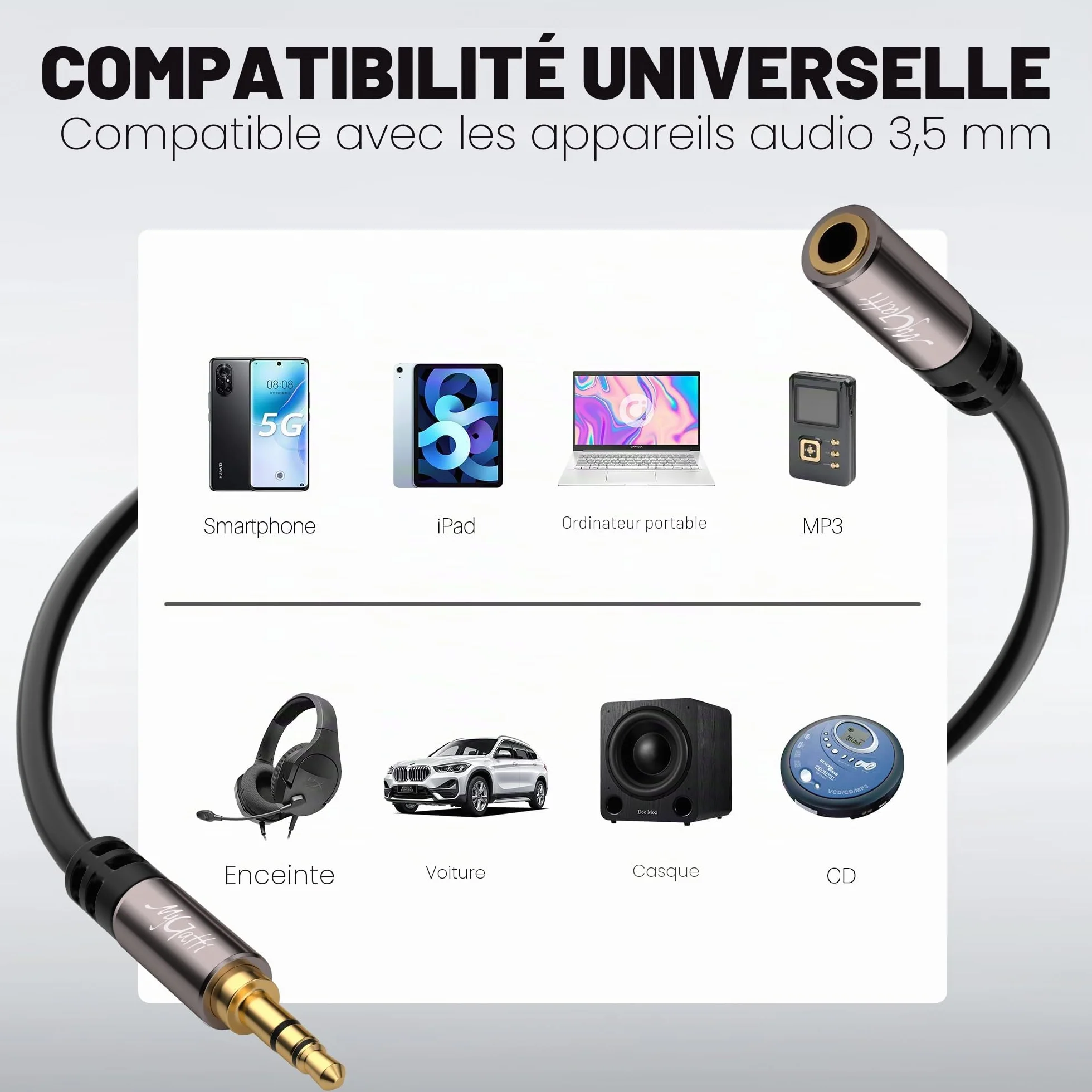 5m Câble d'extension stéréo jack 3,5 mm, rallonge audio mâle vers femelle, câble d'extension pour casque, noyau OFC, câble noir (avec 5 serre-câbles)