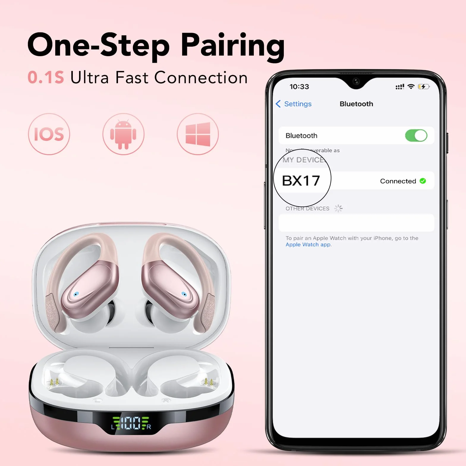 CASCHO Ecouteurs Bluetooth sans Fil, Casque Bluetooth 5.3, 60 Heures avec Affichage LED, Appel ENC HD, Basses Profondes, Ajustement Confortable, IPX7 Étanche Casque Sport(Or Rose).