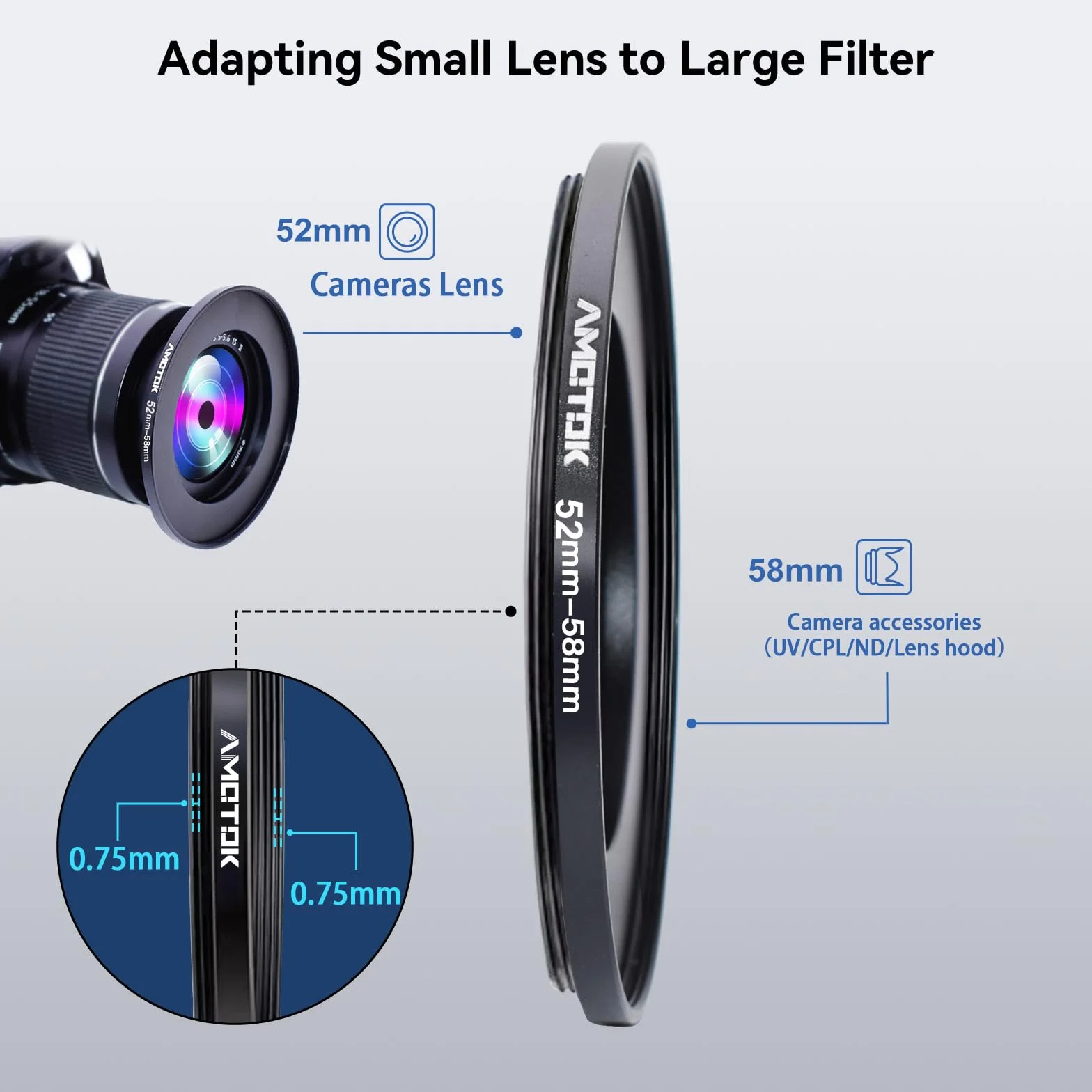 Bague d'adaptation de filtre Step Up de 52 mm à 58 mm, compatible avec objectif 52 mm vers 58 mm (accessoire de filtre UV-CPL-ND)