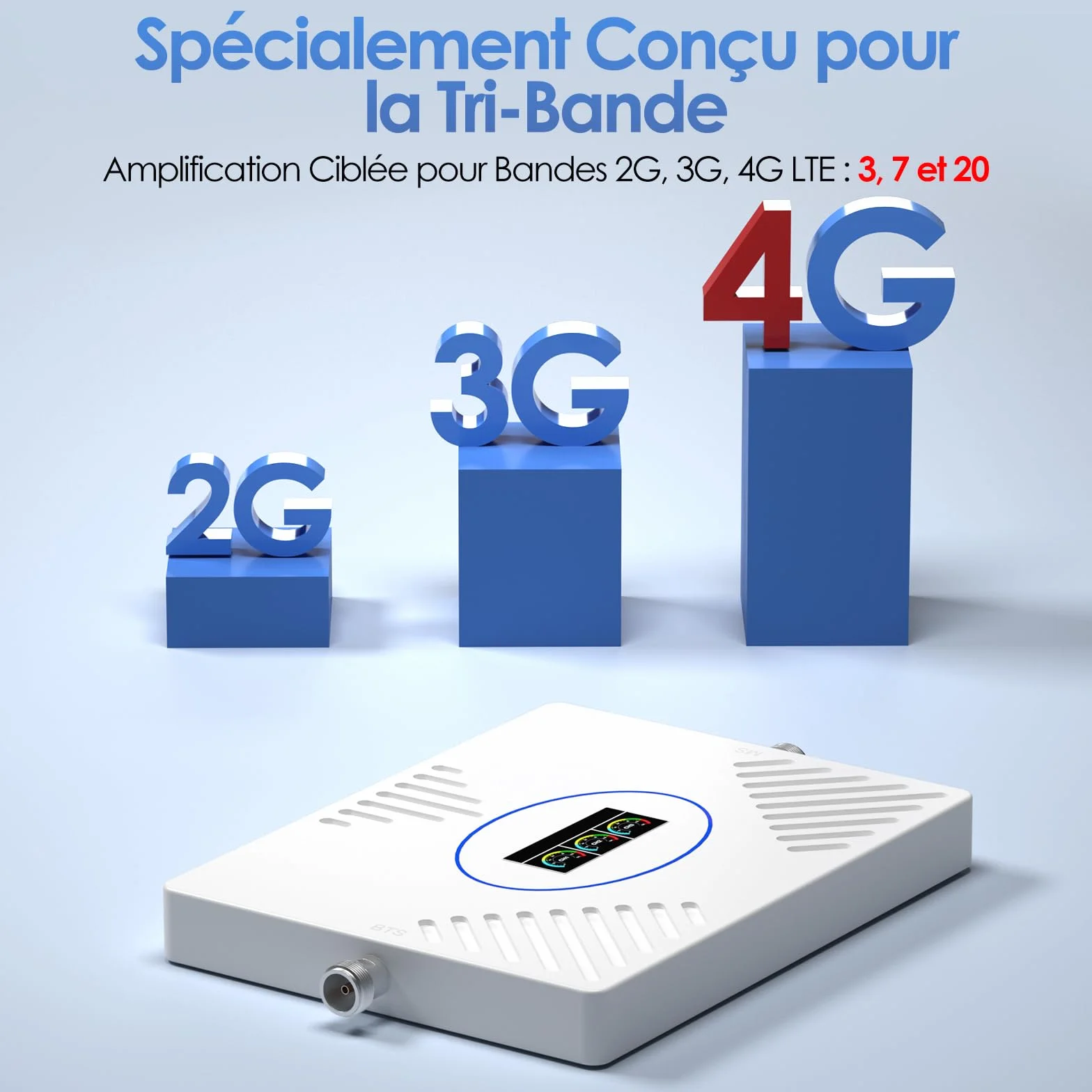 Amplificateur de Signal Mobile 800/1800/2600 MHz (bandes 20/3/7) Amplificateur de Couverture Mobile LTE 4G 3G Répéteur 4G Compatible avec Orange, SFR, Bouygues, Free pour une utilisation à domicile/au
