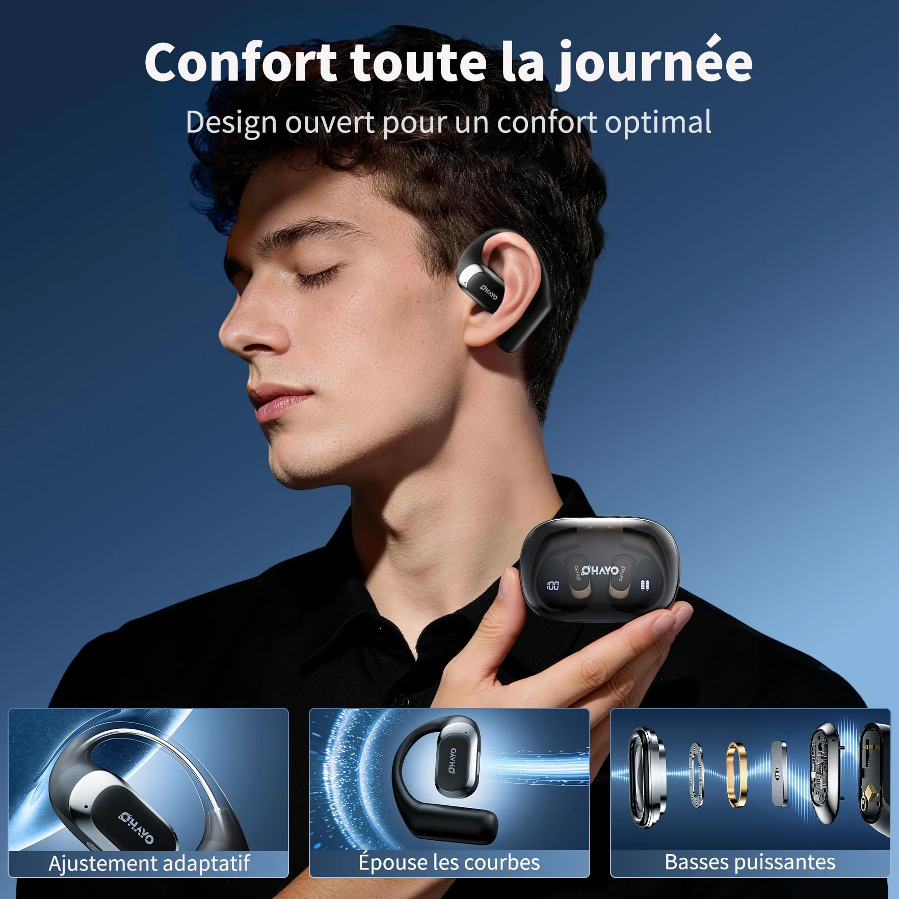 OHAYO Ecouteurs Sport, Écouteur sans Fil Sport avec 4 ENC Mic, Écouteur Bluetooth 5.4, IPX7 Étanche Oreillette Bluetooth Running, Faire du vélo, 40H d'autonomie, Basses Profondes, USB-C Charge Rapide
