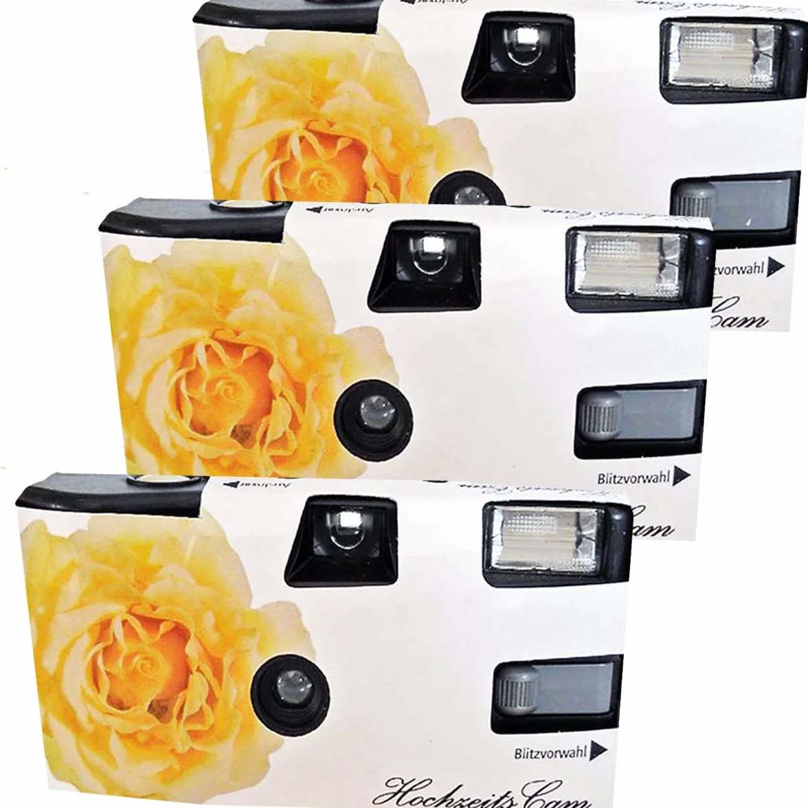 PHOTO PORST Lot de 3 appareils photo jetables 1A Édition rose de mariage jaune avec flash, piles et film (lot de 3, 27 prises chacune)