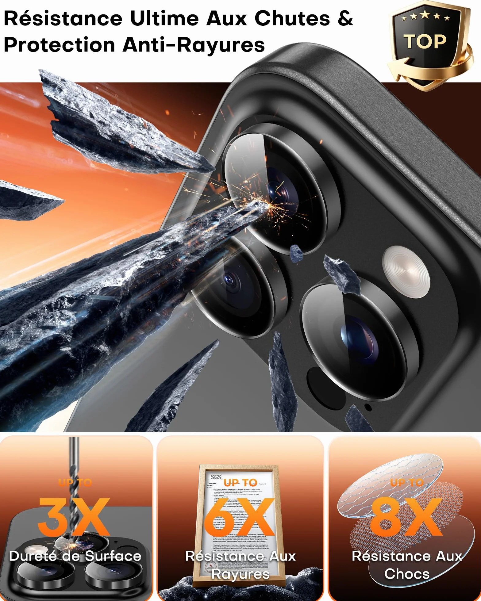 TOCOL Lot de 2 Protection Caméra pour iPhone 16 Pro Max, iPhone 16 Pro, Résistant aux Rayures, Antichoc, Anti-Buée, Installation Facile, Verre Trempé HD Protections d'Objectif, Noir