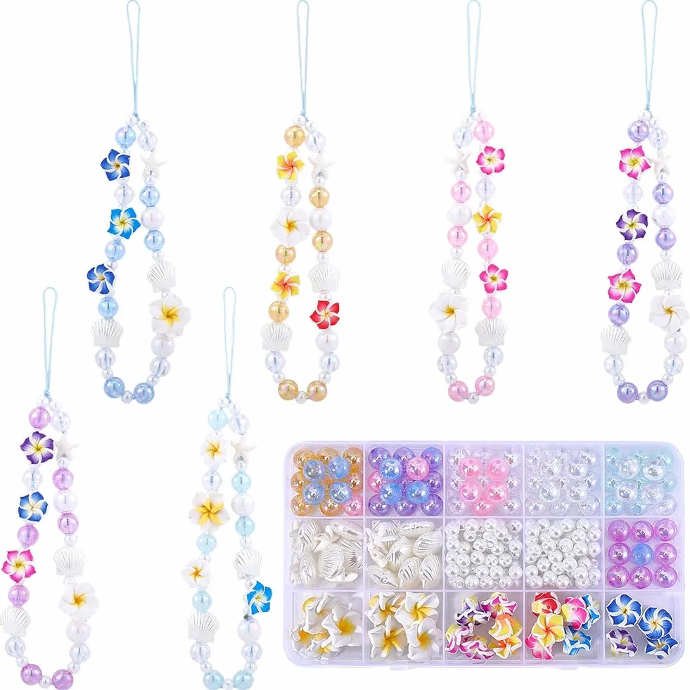SUNNYCLUE 1 boîte de 228 pièces Kit de Création de 6 breloques pour Téléphone (Drapeau Cordon Perles en Forme D'Étoile de Mer Perles de Fleur de Frangipanier Perles de Fleur D'Été Perles de Fleur D'Ét