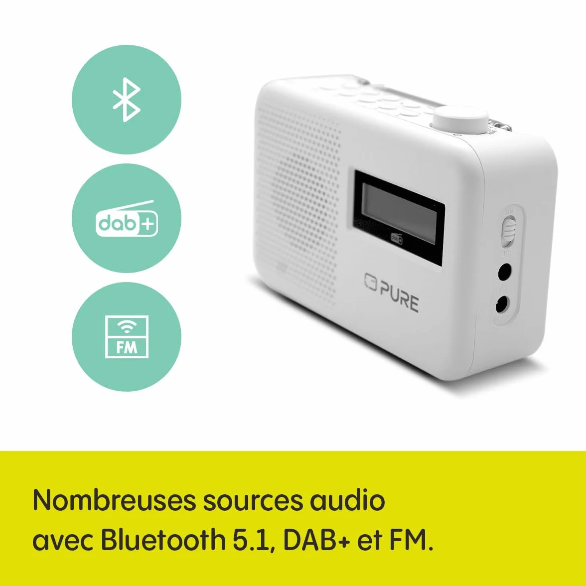 Pure Elan One2 Radio Portable Dab+/FM avec Bluetooth 5.1 (écran LCD, 10 Touches de mémoire, Fonctionne avec 4 Piles AA) Blanc Coton