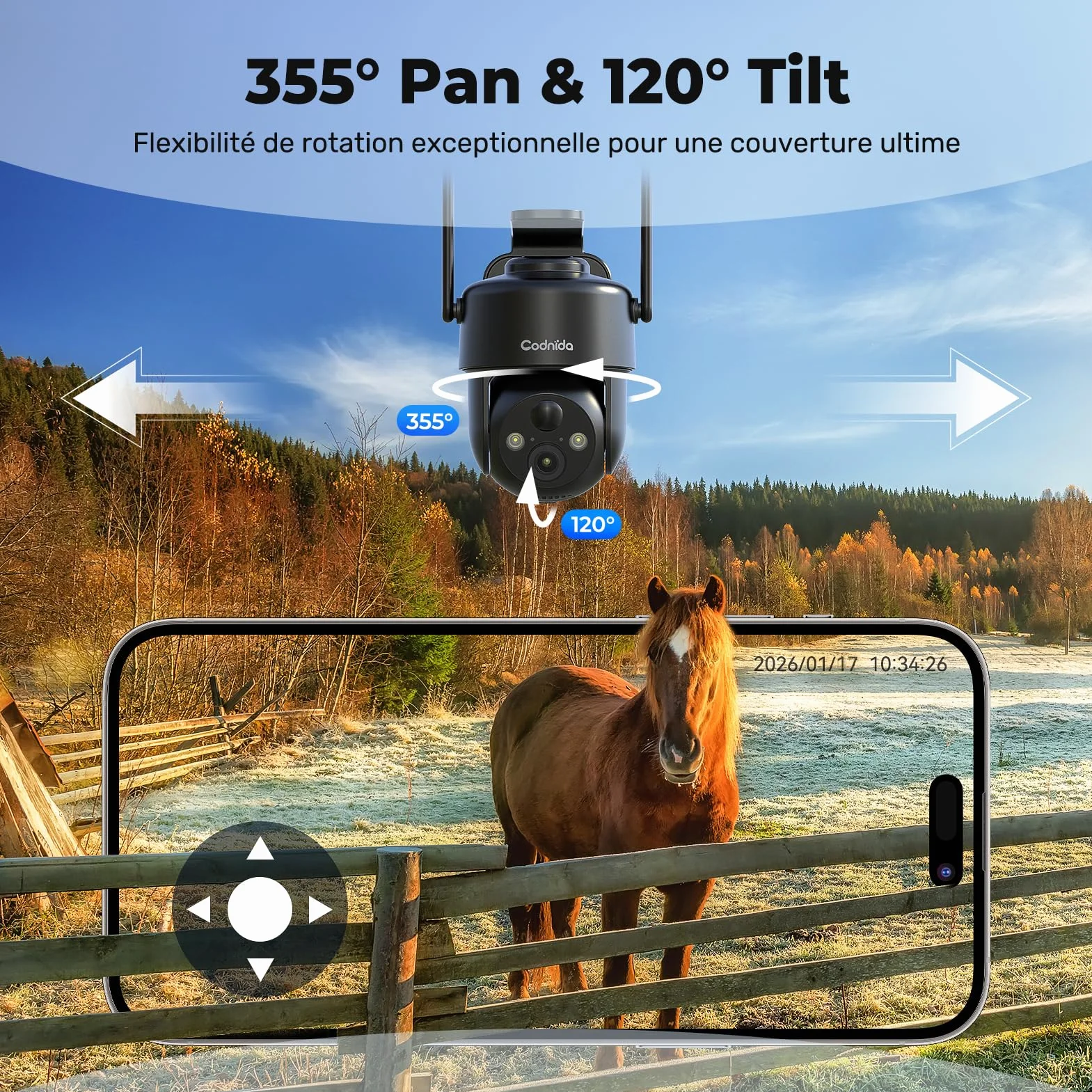 Codnida 4G LTE Caméra de Surveillance Extérieure sans Fil Solaire avec Carte SIM,9000mAh Batterie,2K HD,Vision Nocturne Couleur,Audio Bidirectionnel,IP66