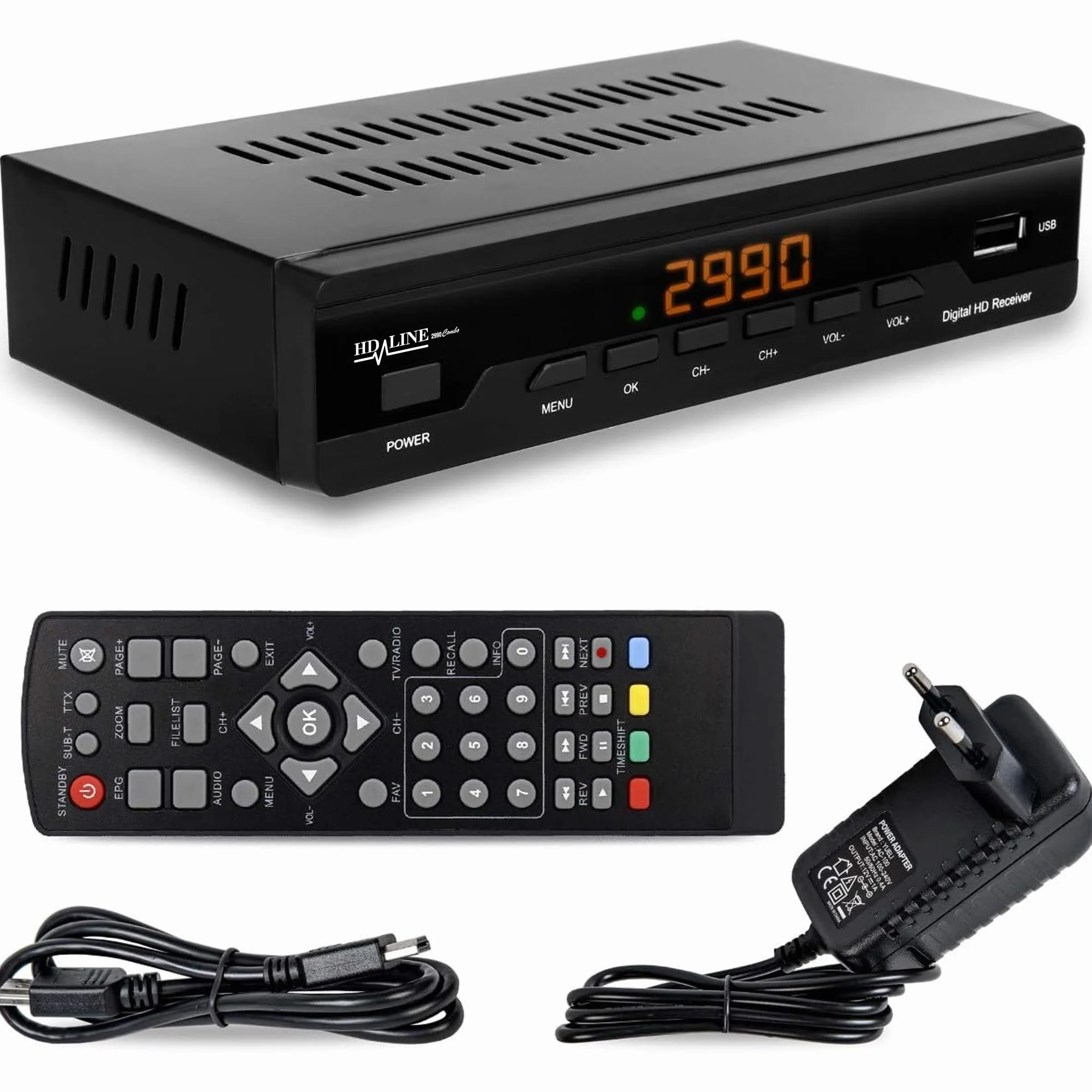 hd-line Récepteur de câble récepteur pour télévision numérique par câble 2990 Combo DVB-C (HDTV, DVB-C/C2, DVB-T/T2, HDMI, Péritel, USB 2.0, Wi-FI en Option) + câble HDMI Noir