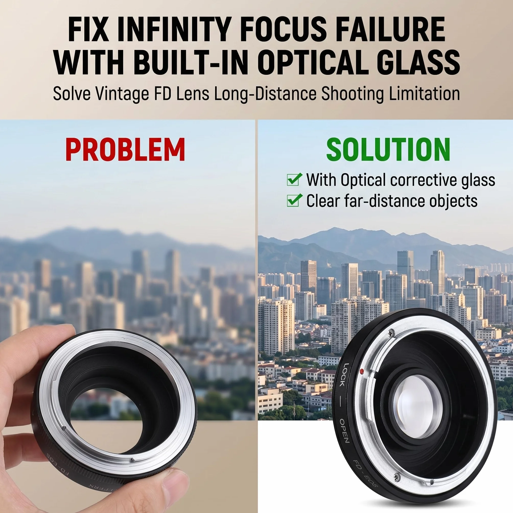 Bague d'adaptation FD-EOS pour monture d'objectif avec mise au point en verre optique Infinity pour appareil photo FD vers EOS EF - Contrôle manuel de l'exposition - Alliage de cuivre et d'aluminium