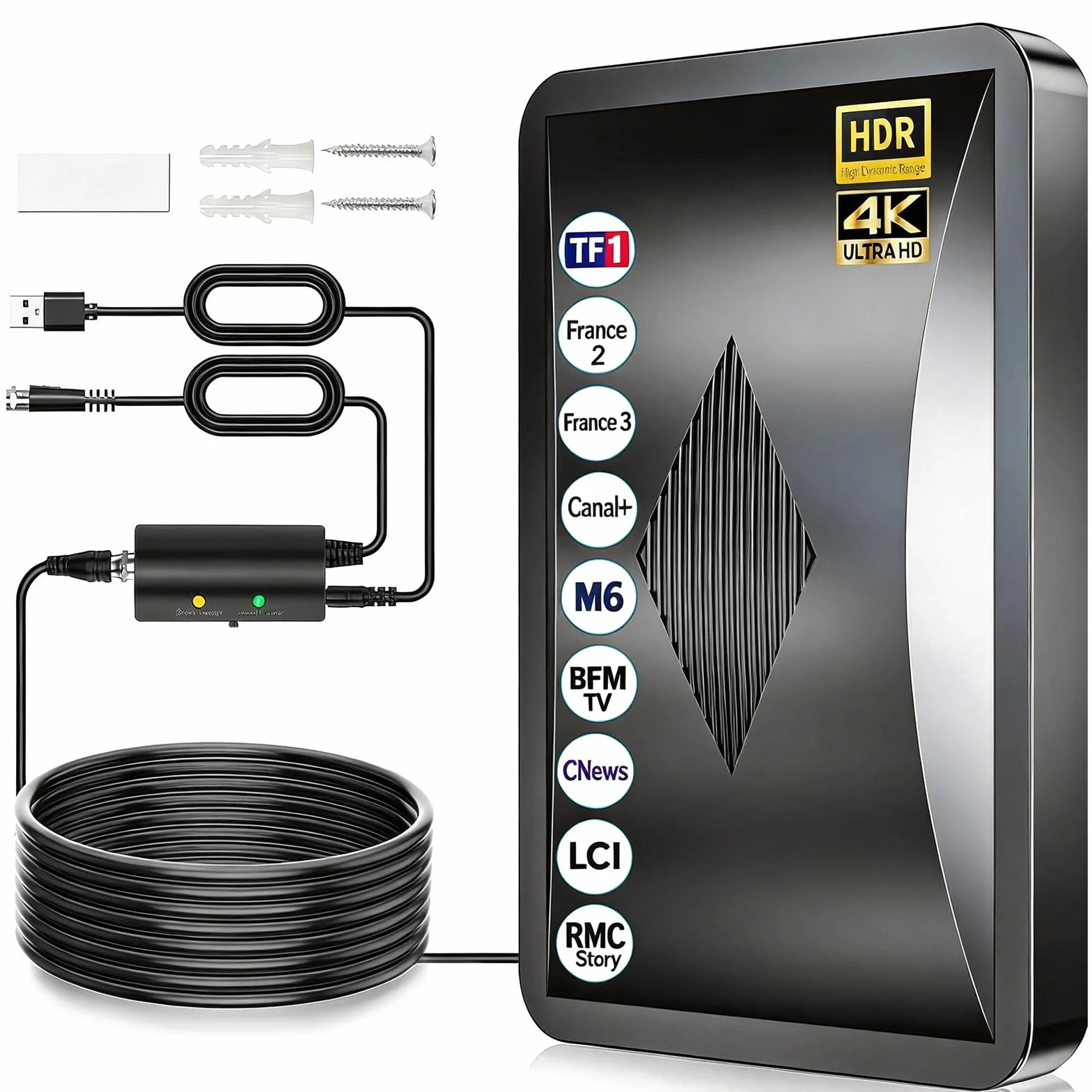 Antenne TV Intérieure 600KM+, Antenne TNT Intérieure avec Amplificateur de Signal Ultra Puissant, 360° Réception Chaînes Locales HD, Compatible Tous Les Tvs Supporte 8K, 4K, 1080P-Câble Coaxial 10M