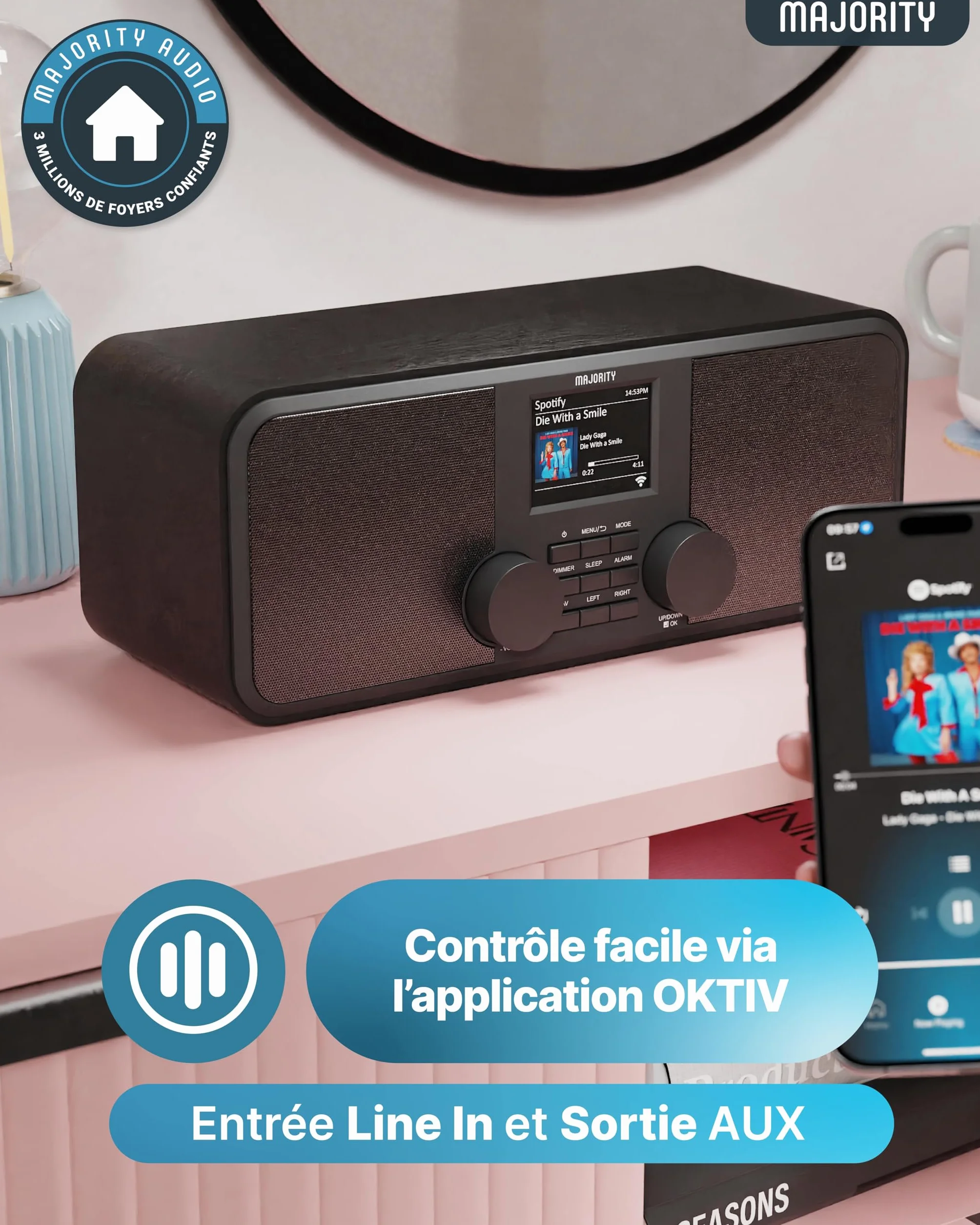 Majority Rostock Radio Internet WiFi DAB+ FM Bluetooth Haut-parleurs Stéréo 2.0 Spotify Connect Podcasts Télécommande