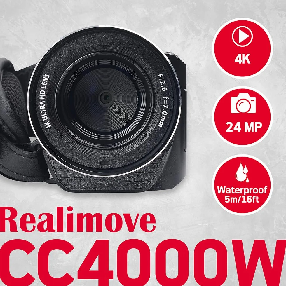 AgfaPhoto Realimove CC4000W Caméscope Étanche 4K Écran Tactile 3'' Zoom Numérique 18x Vidéo 2.7K Photo 24MP Noir