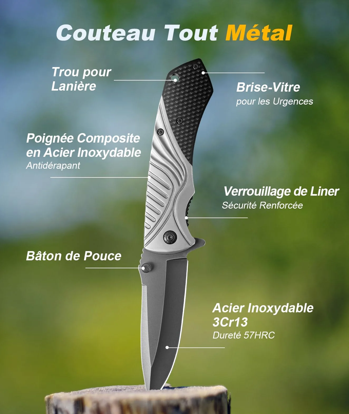ISEYOU Couteau Pliant Acier Inoxydable 3Cr13 Revêtue Titane Brise-Vitre Survie EDC