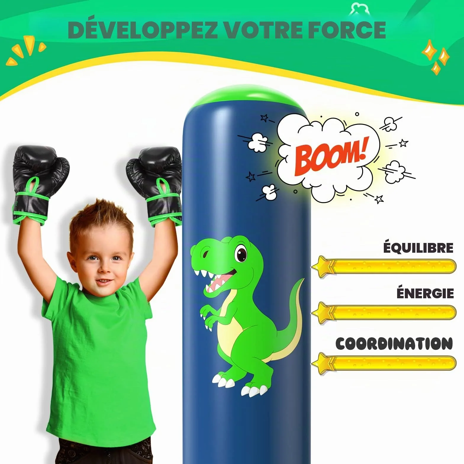 Sac de Boxe pour Enfants QPAU, Sac Boxe Gonflable Pied 3-8 Ans, Cadeaux Enfants, Set Debout Karaté Taekwondo