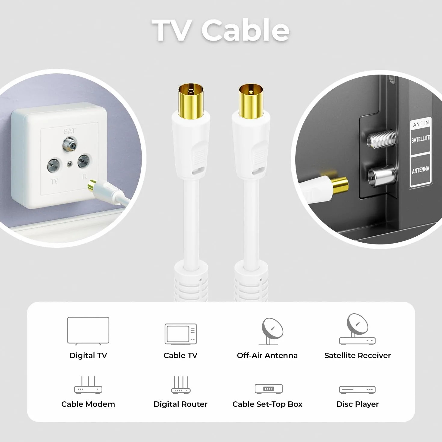 deleyCON 20m Câble Antenne TV (IEC-Fiche vers IEC-Coupleur) Coaxial HDTV Blindage 4-fach 2x Noyau Ferrite Filtre Courant Gaine DVB-T DVB-T2 Radio DAB - Blanc