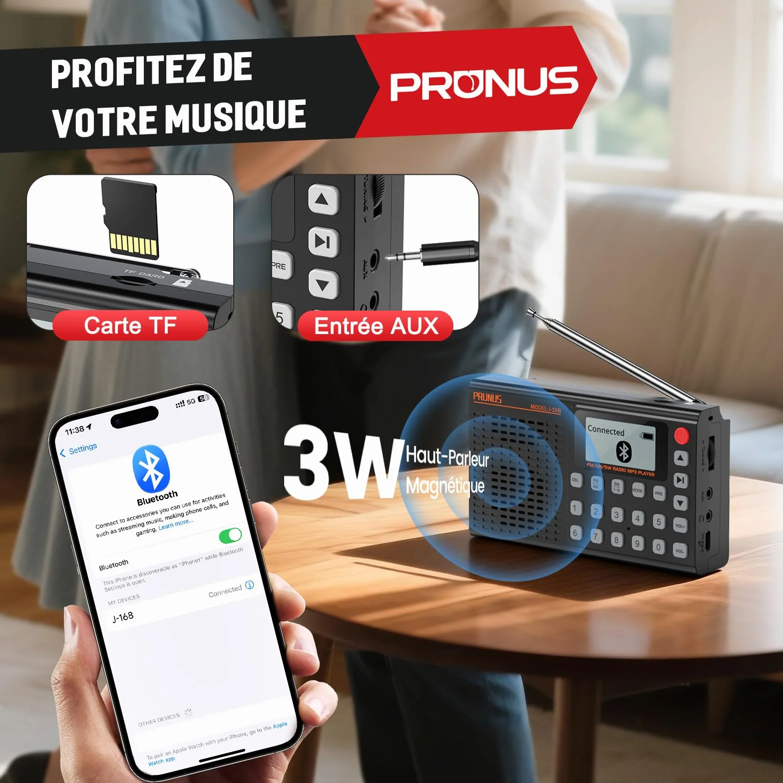 PRUNUS J-168 Petite Radio Numérique, Mini Radio Portable Rechargeable 2000 mAh, 99 Préréglages, Réveil, Bluetooth
