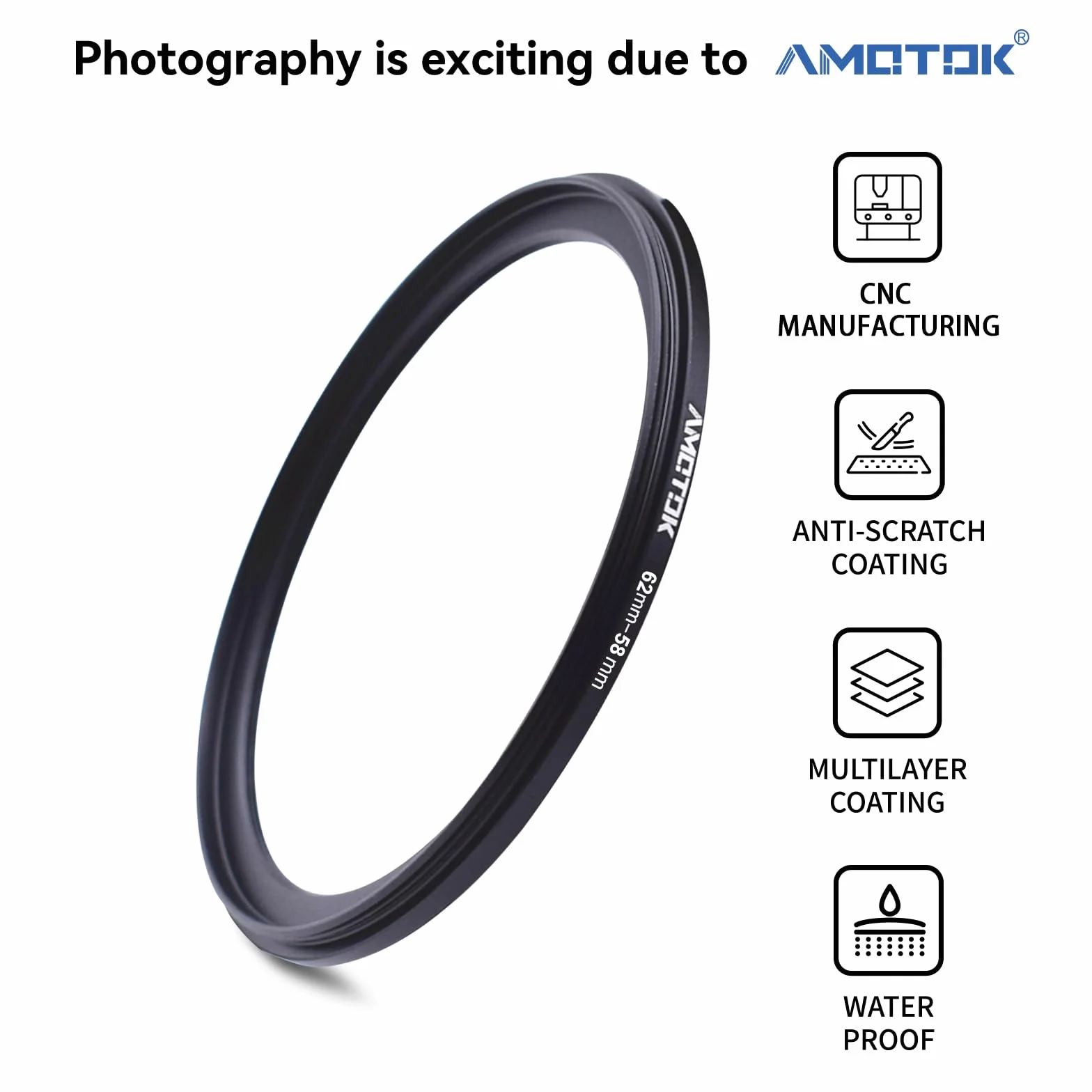 Adaptateur d'objectif 62mm à 58mm Bague d'adaptation Filtre CNC