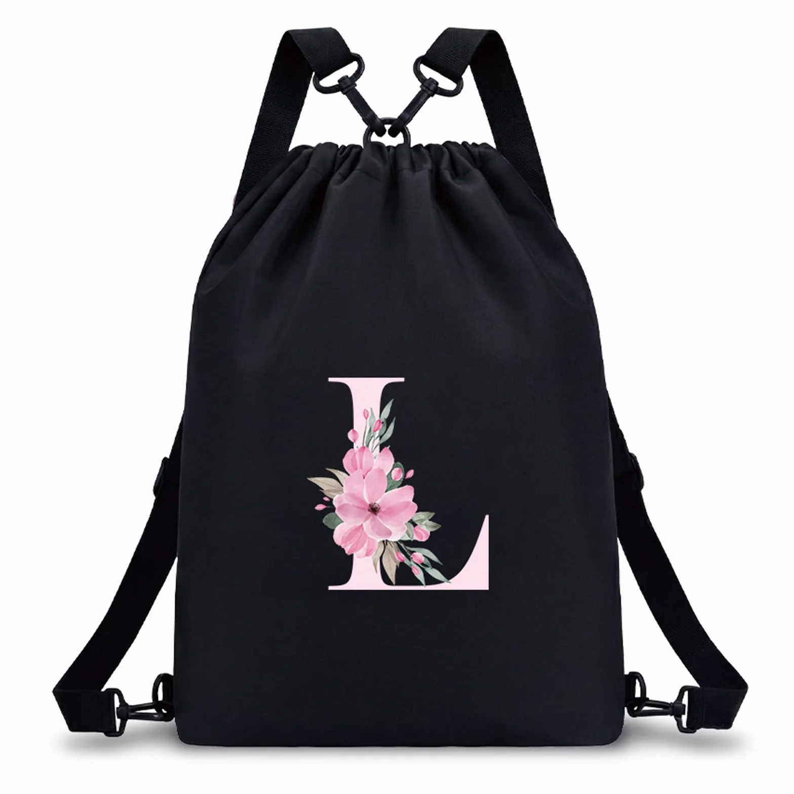 Sac à dos personnalisable imperméable 4 en 1 avec initiale florale, Noir, L