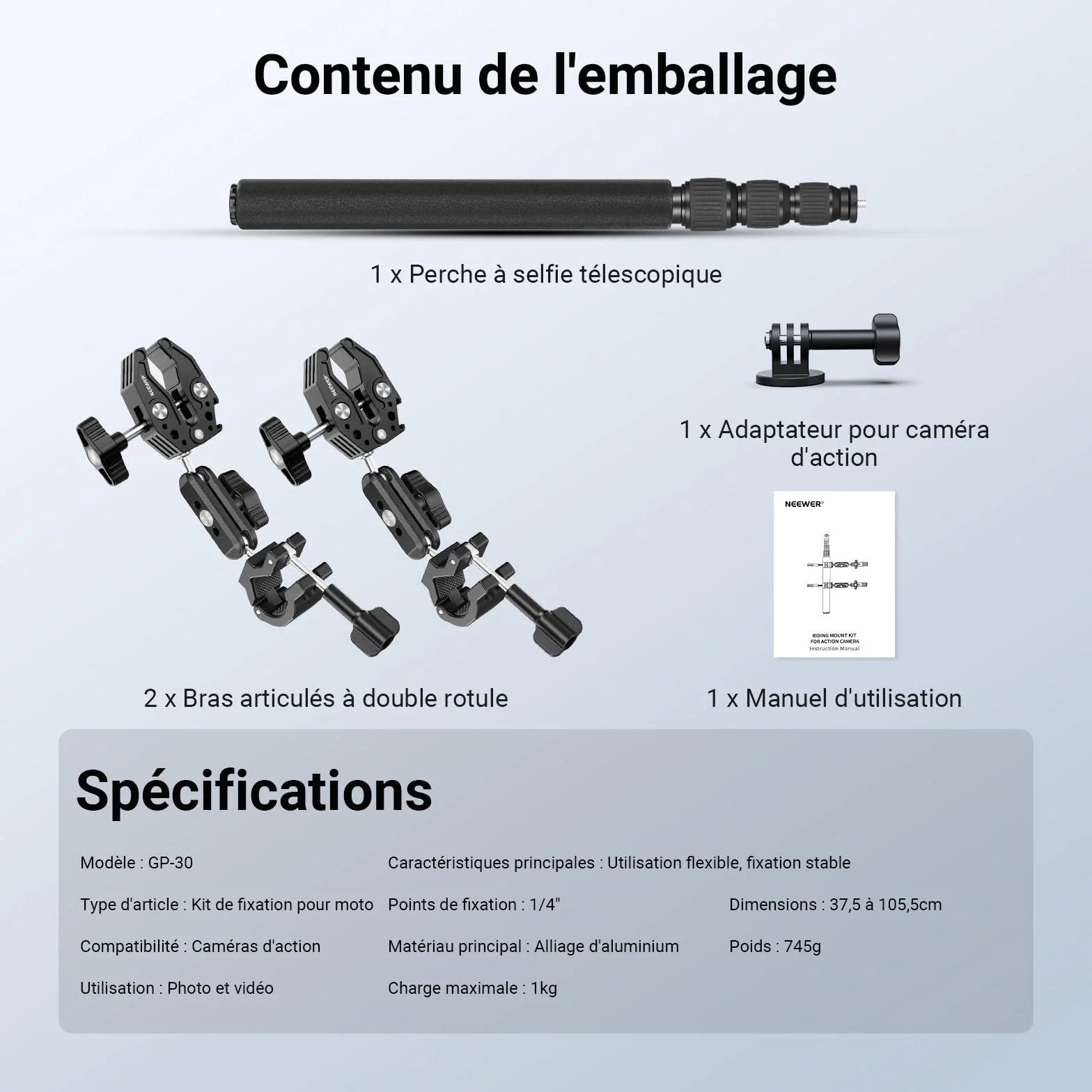 NEEWER Kit d'accessoires de montage de moto compatible avec GoPro Insta360 DJI, guidon de vélo invisible, support à double pince avec adaptateur de caméra d'action pour enregistrement vidéo POV, GP-30