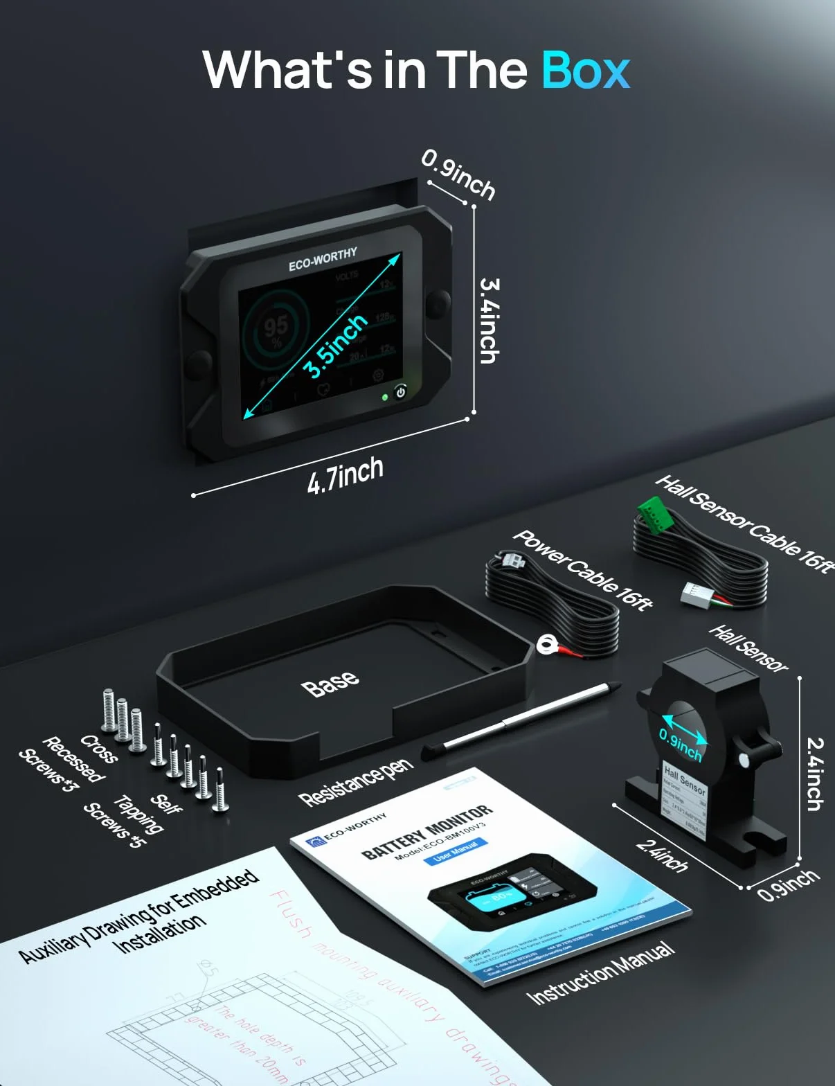 ECO-WORTHY Moniteur de batterie amélioré 300 A 12 V/24 V/36 V/48 V, moniteur de batterie à écran tactile 3,5 pouces avec alarme, testeur de batterie lithium/gel pour camping-cars, systèmes solaires