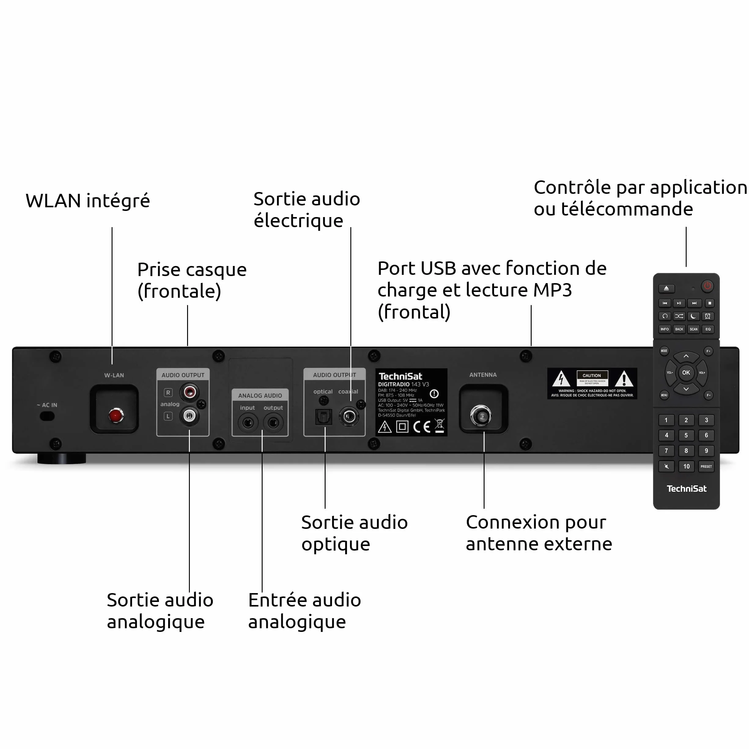 TechniSat DIGITRADIO 143 (V3) - Tuner HiFi Internetradio (Radio numérique Dab+, Streaming Audio Bluetooth, Spotify Connect, antenne Filaire, télécommande, Largeur 43,5 cm) Noir