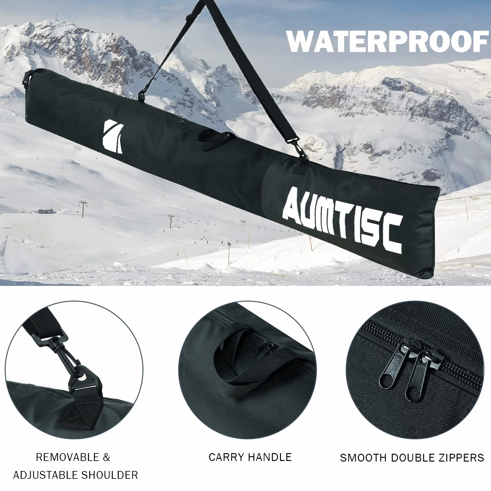 AUMTISC Sac de Ski Combiné Rembourré pour Chaussures de Ski Longueur Réglable 200 cm