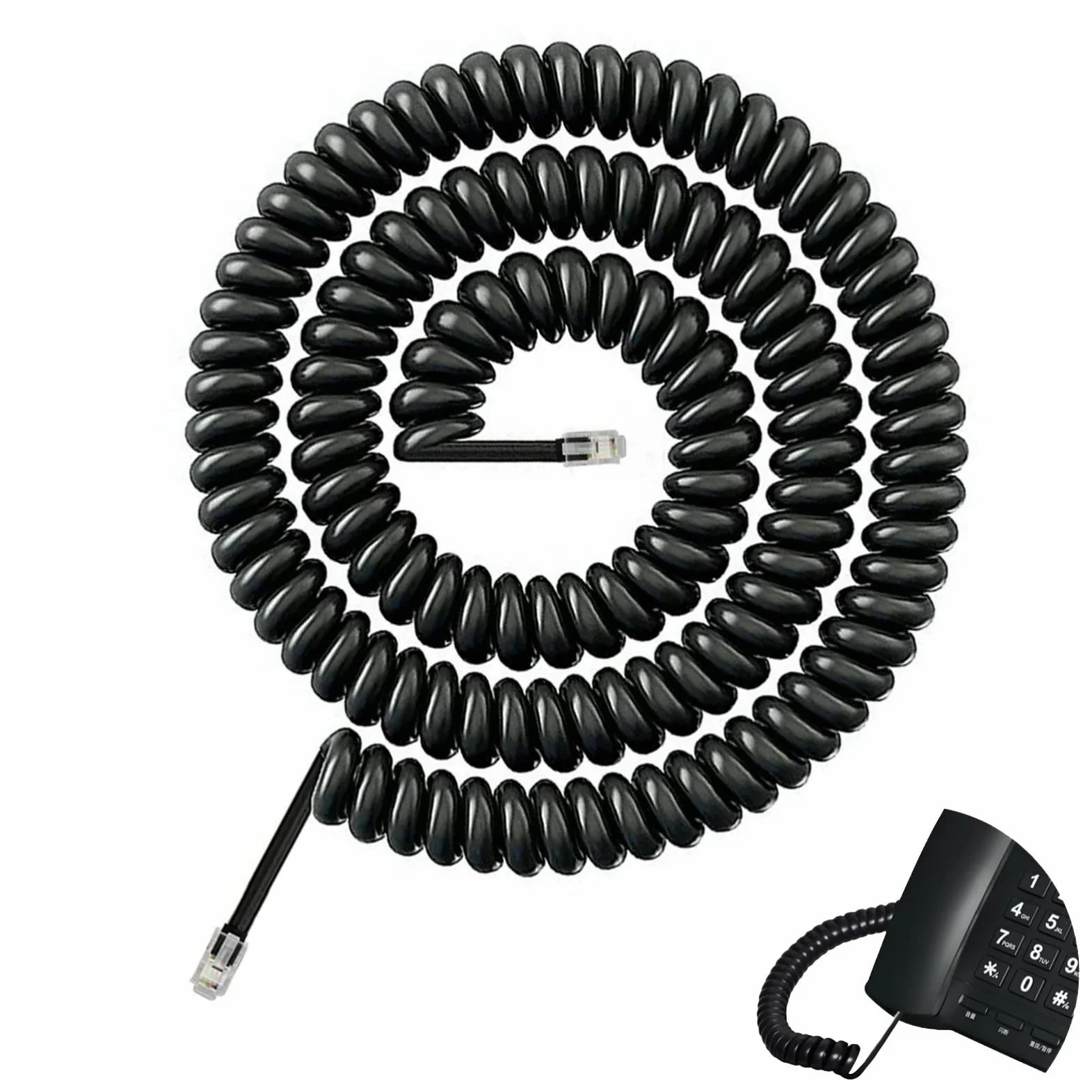 5m RJ9 Câble Téléphonique Incurvé à Ressort en Spirale, 4P4C Câble pour Combiné de Téléphone Fixe, pour Combiné Téléphonique Bureau et Maison, Cable Telephone Fixe Noir, Cordon Telephone Fixe