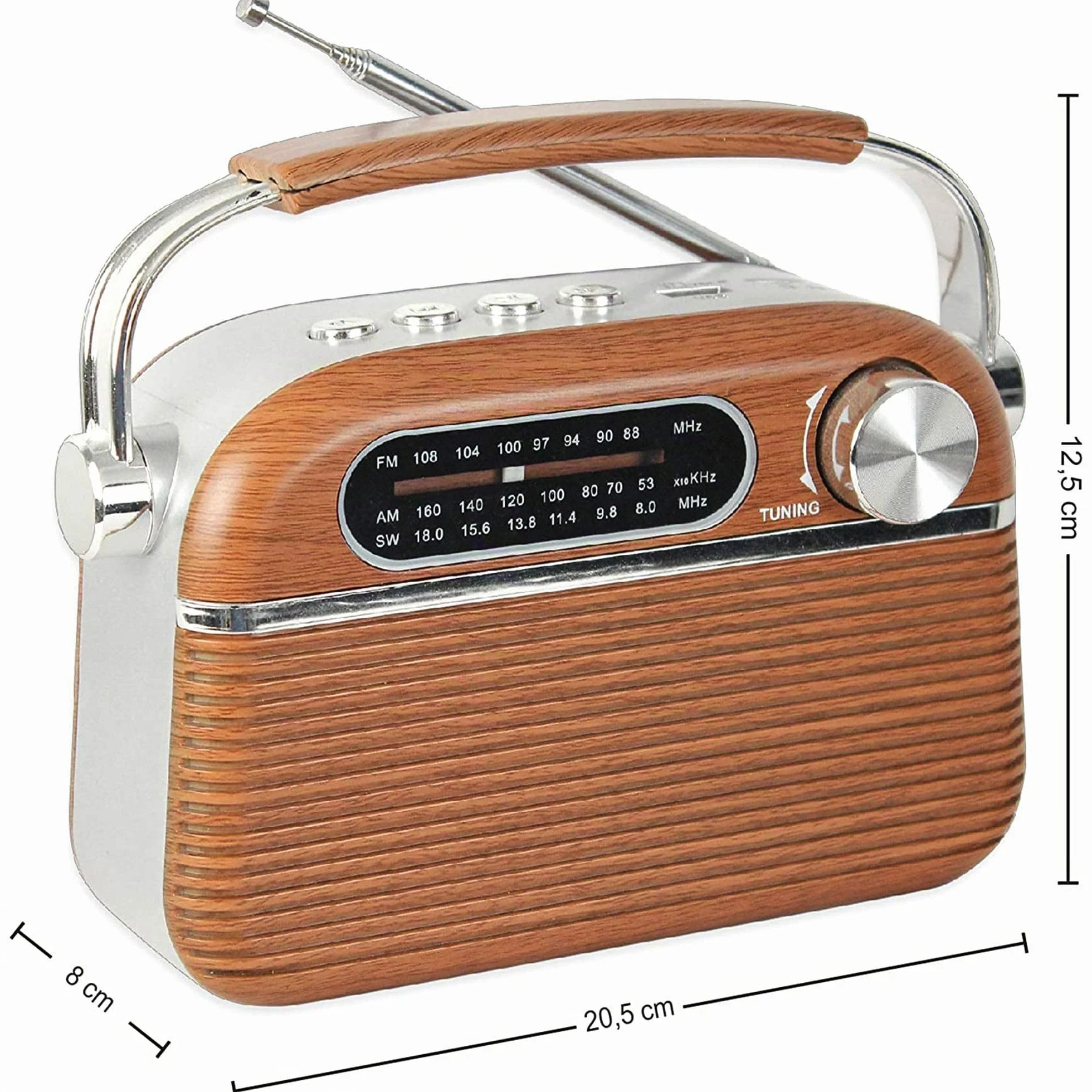 FISHTEC Radio Vintage Années 60 FM AM SW Lecteur MP3 USB Micro SD Design Bois INOX Antenne Rétractable Secteur Piles LR20 20.5x12.5x8 cm Compacte Portable