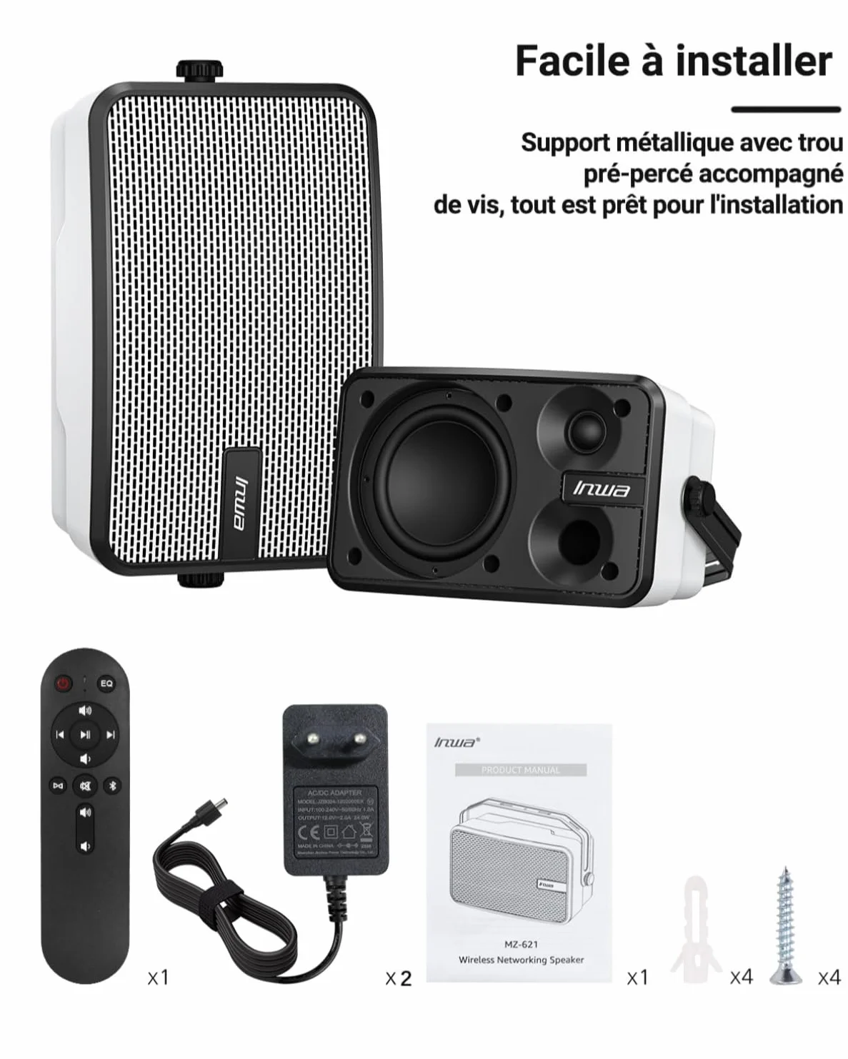 Inwa Enceintes Extérieures Bluetooth, Système Audio Sans Fil pour Intérieur et Extérieur, IPX5 Waterproof, 400W (lot de 2, Nouveau nom Bluetooth 2025 « Sync Speaker », Adaptateur&Télécommande, RMS40W)