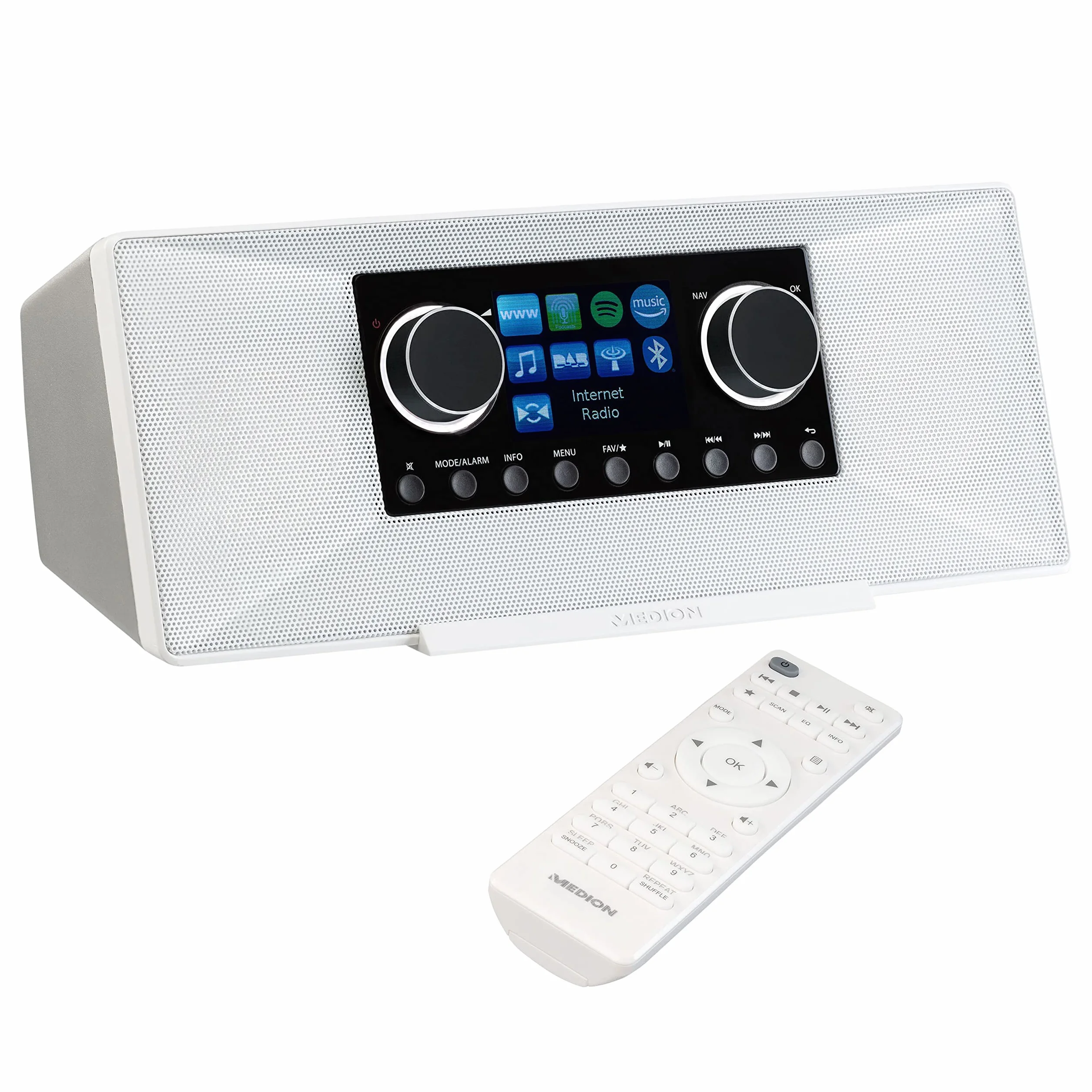 MEDION P85333 Radio Internet avec Dab+ (WiFi, FM, Spotify Connect, Amazon Music, USB, Prise Casque, AUX, Stereo Line-Out Cinch, Sleep Timer) Blanc