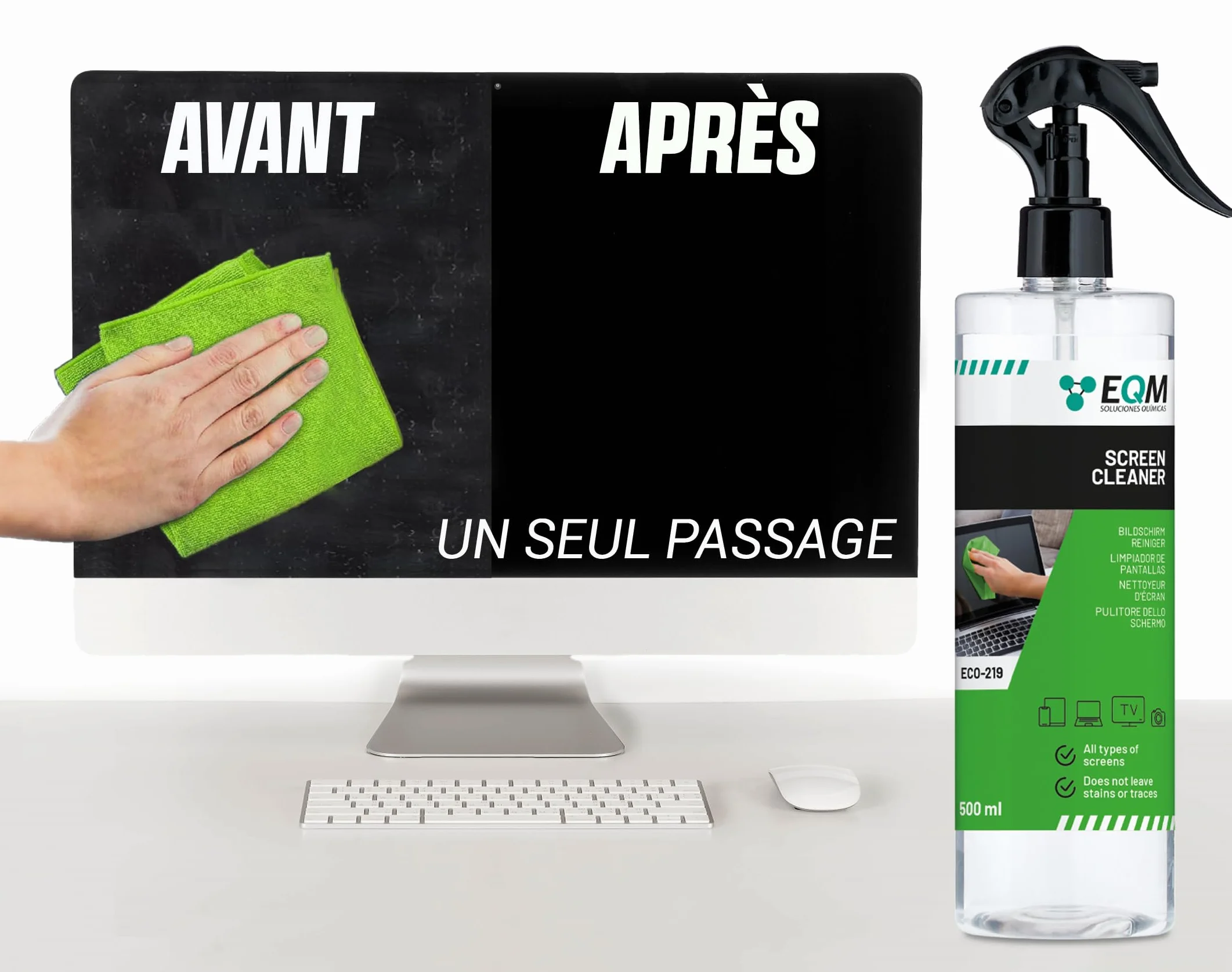EQM - ECO-219 - Kit Nettoyant Écrans + Chiffon Microfibre - 500 ML - Format Premium - Compatible Tablette, Mobile, Ordinateur Portable, Appareil Photo, LED, OLED