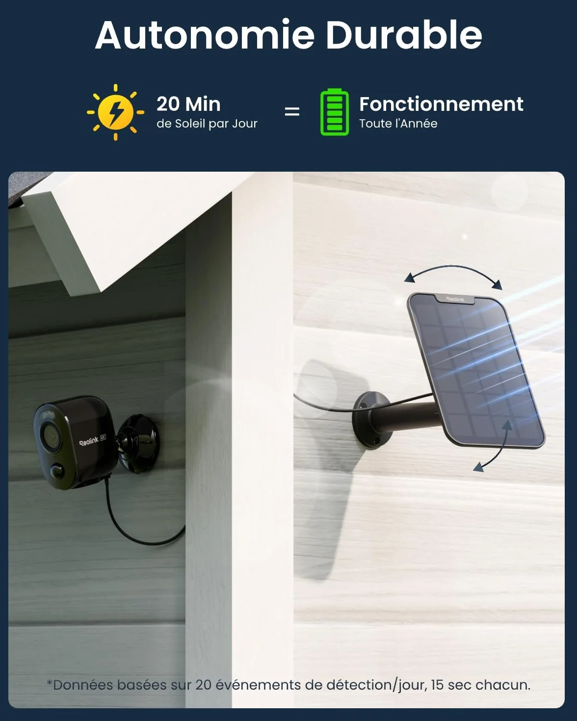 Reolink 4K Caméra Surveillance WiFi Exterieure sans Fil, Détection de Personne/Véhicule/Animal, WiFi 2,4/5 GHz, Vision Nocturne en Couleur, Audio Bidirectionnel, Argus 3 Ultra+Panneau Solaire Noir