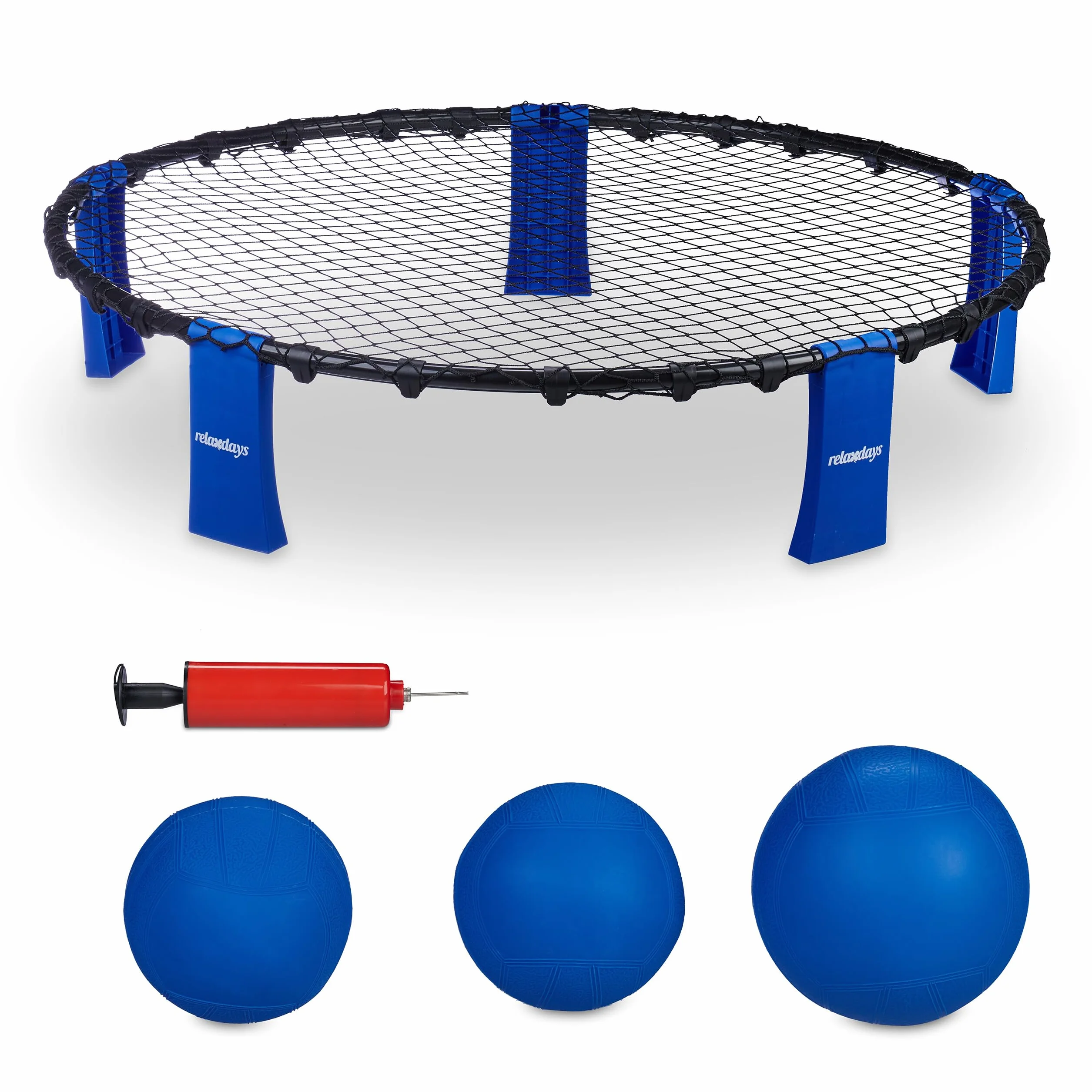 Relaxdays Kit de roundnet Complet, 3 Balles, Pompe, Filet, Sac de Rangement, Jeu d'extérieur, Noir/Bleu