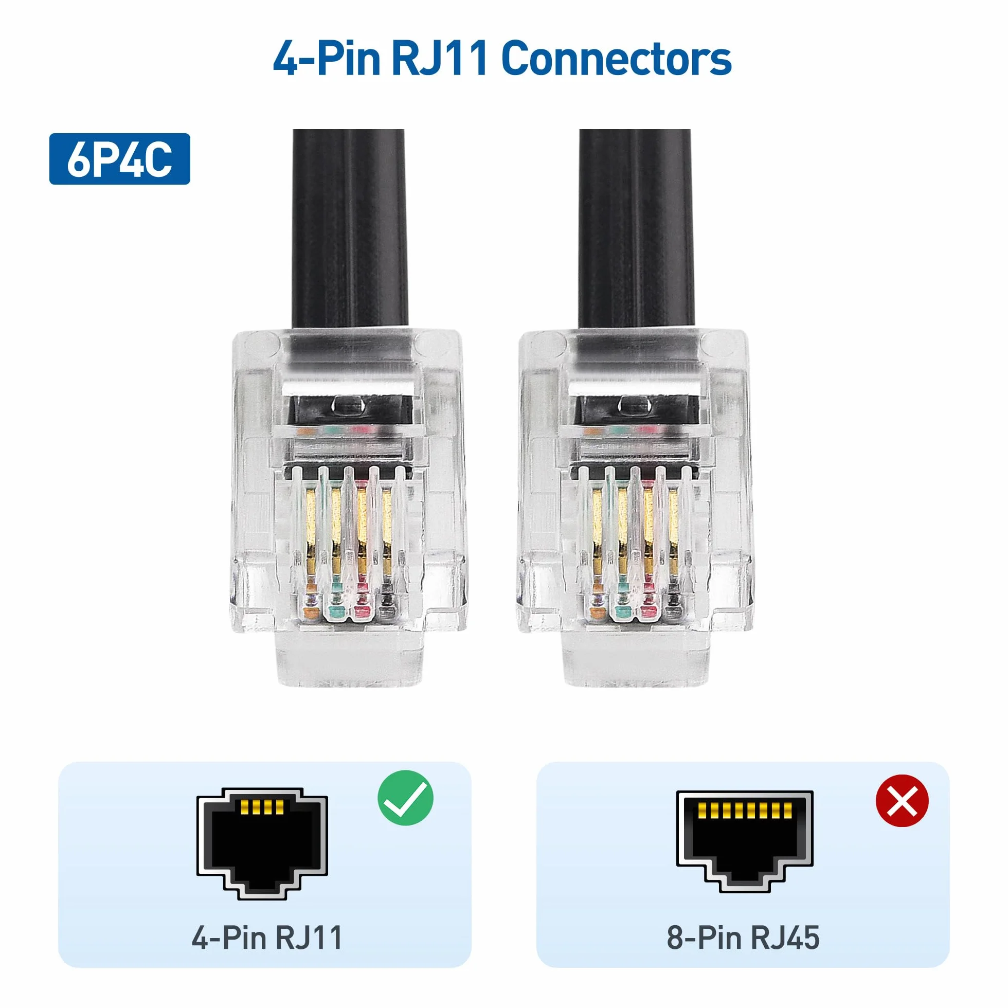 Cable Matters Pack de 2 Câble téléphonique de 1m (cable RJ11 vers RJ11) pour téléphone, Internet DSL, ADSL, modem en Noir - 1m