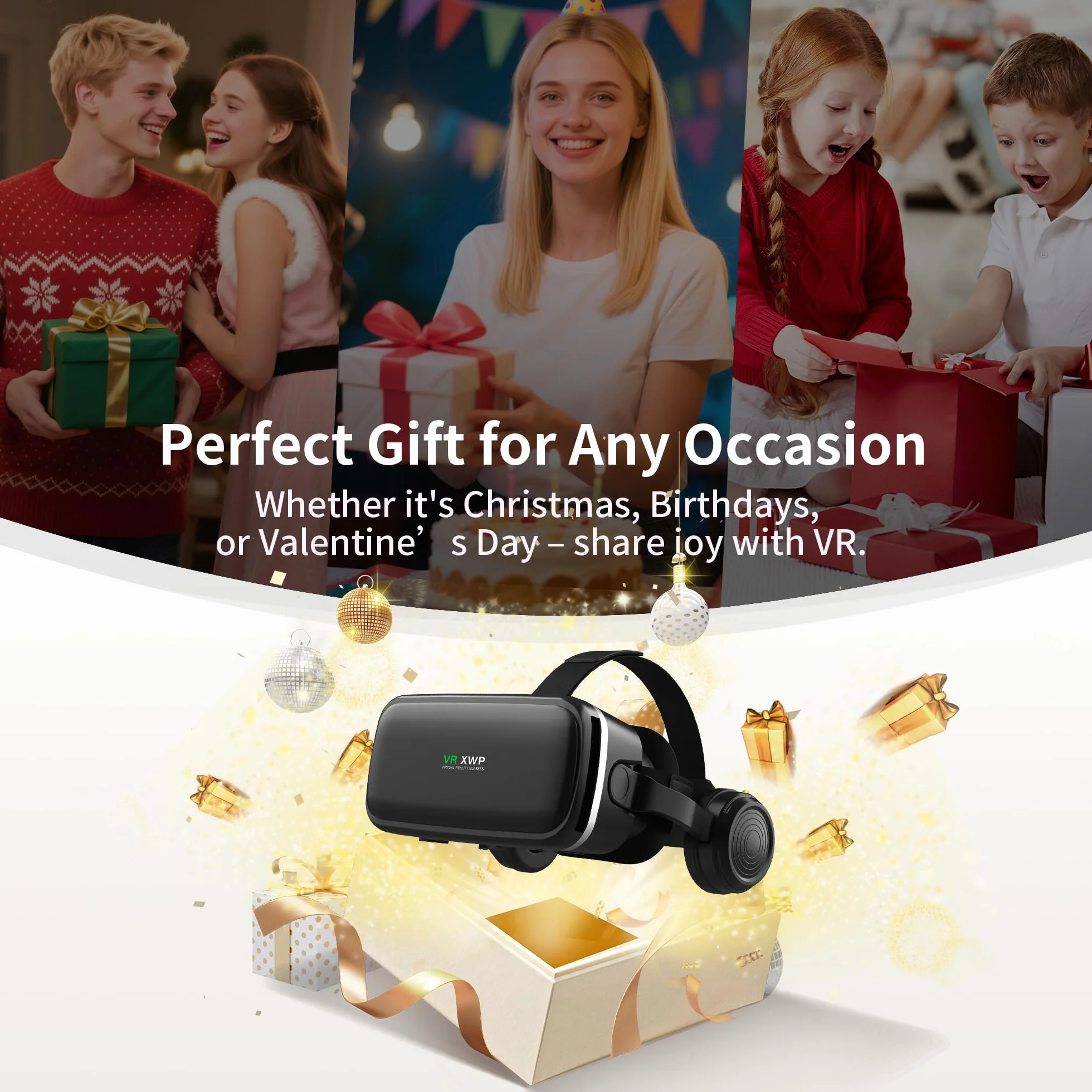 Casque VR 3D avec Écouteurs, Lunette de Réalité Virtuelle pour Téléphone Portable, Lentilles HD, iPhone & Android 4,7–6,8"