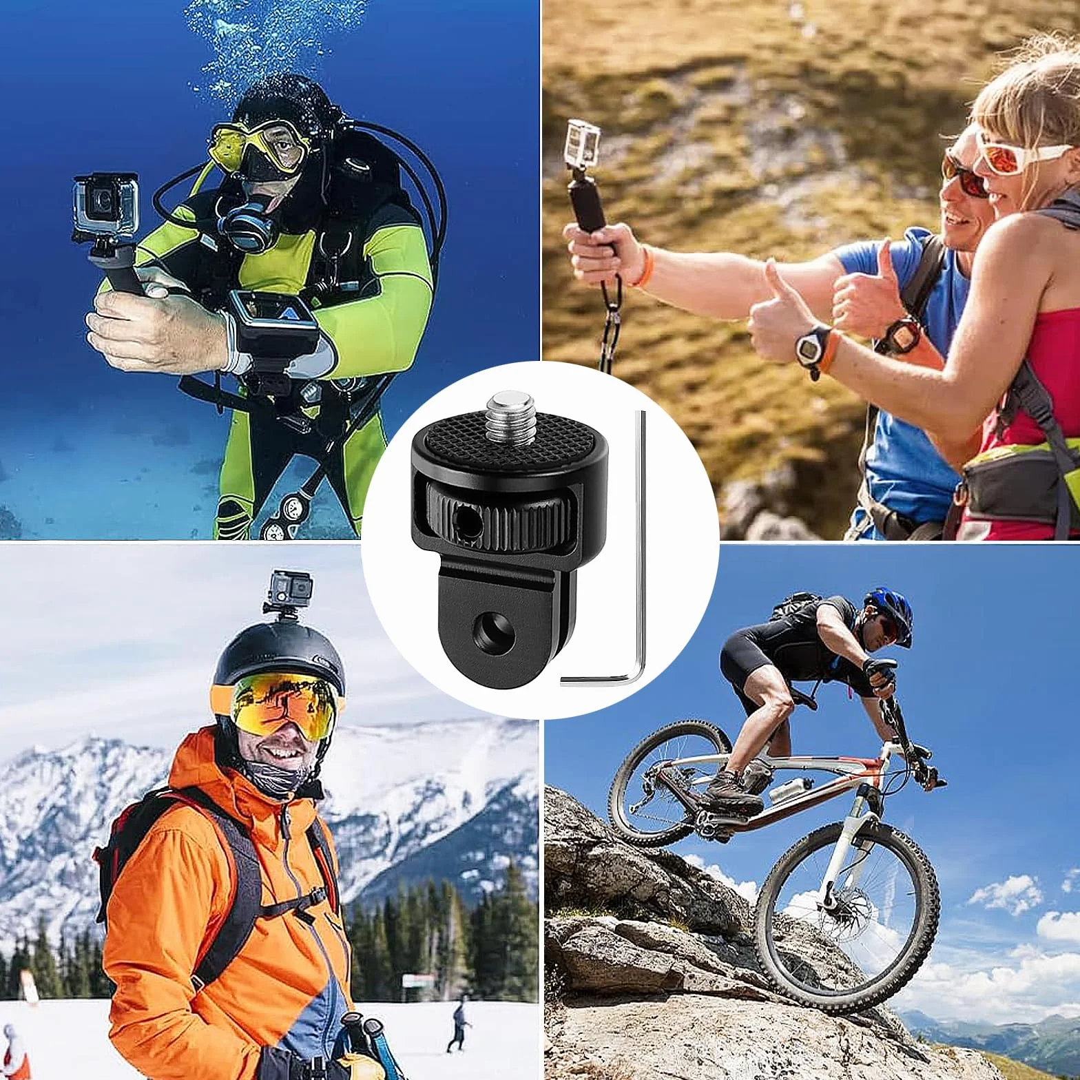 2 Pièces Adaptateur de Trépied en Aluminium, 1/4" Fixation de Trépied Compatible, Ajustement à 360 ° Adaptateur de Caméra, avec 2 Clés, pour Gopro Hero10, Sjcam Caméra(Noir)