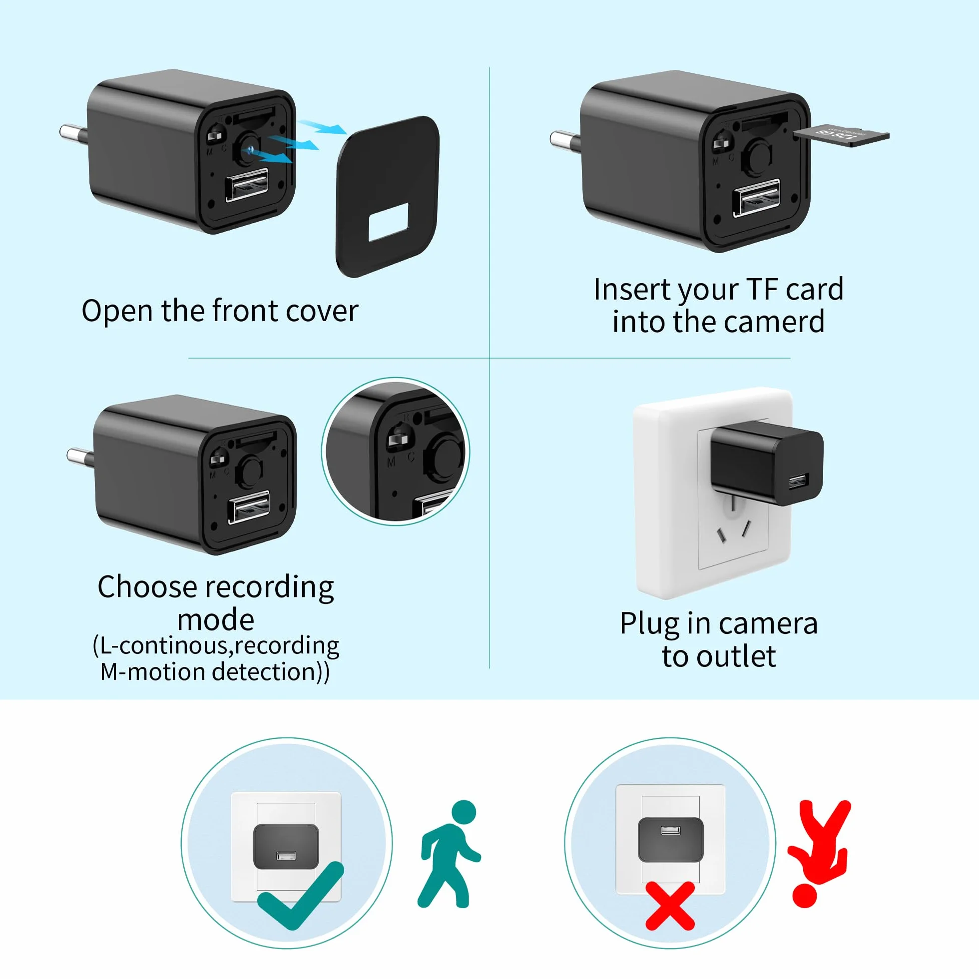 DUVIX Caméra Espion Cachée Chargeur USB 64GB 1080P HD, Caméra de Surveillance avec Détection de Mouvement et Vision Nocturne, Mini Caméra Sécurité Portable Maison Bureau
