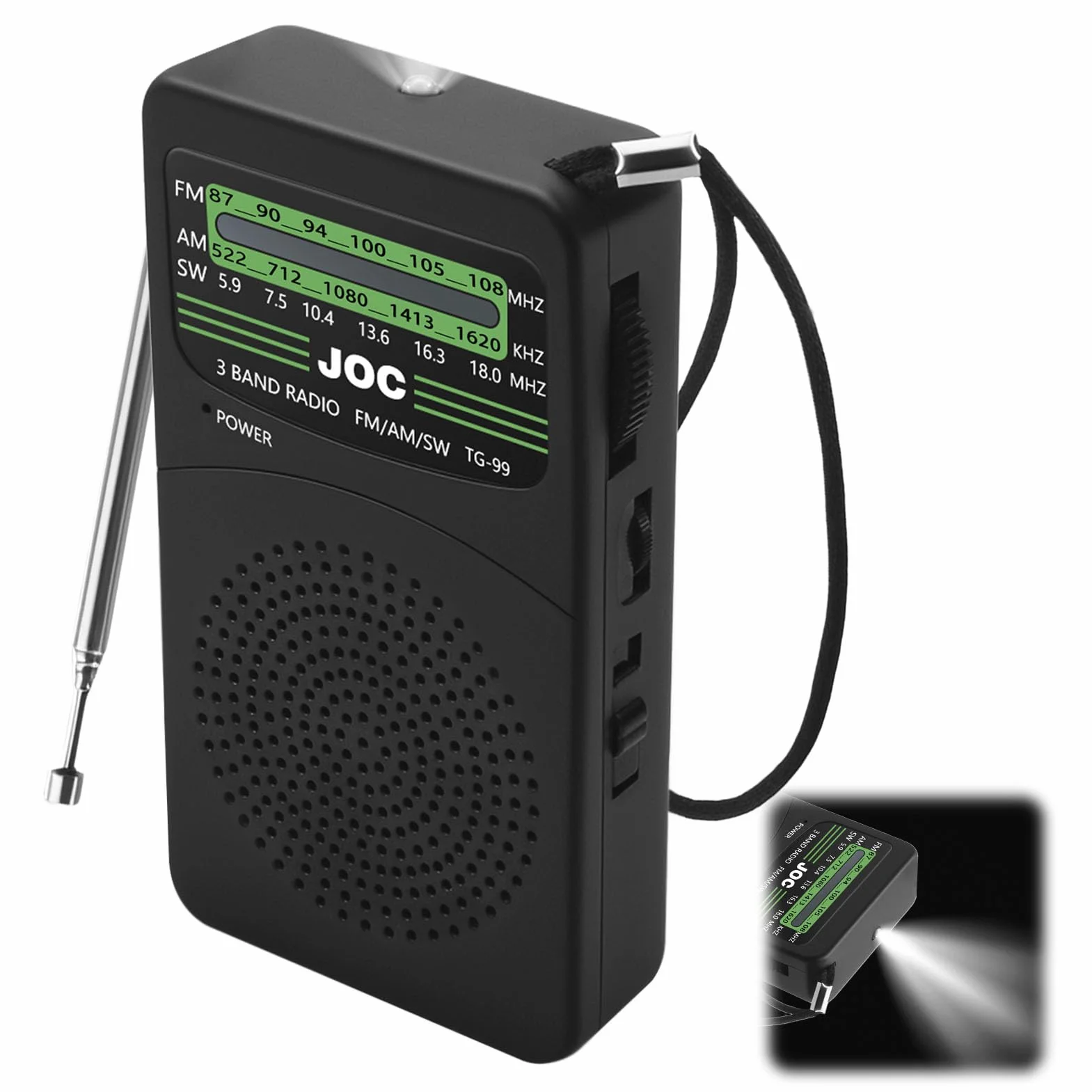 Radio Portable AM/FM/SW Mini à Piles AA avec Lampe Torche, Écouteurs, Cadeau Fête des Pères